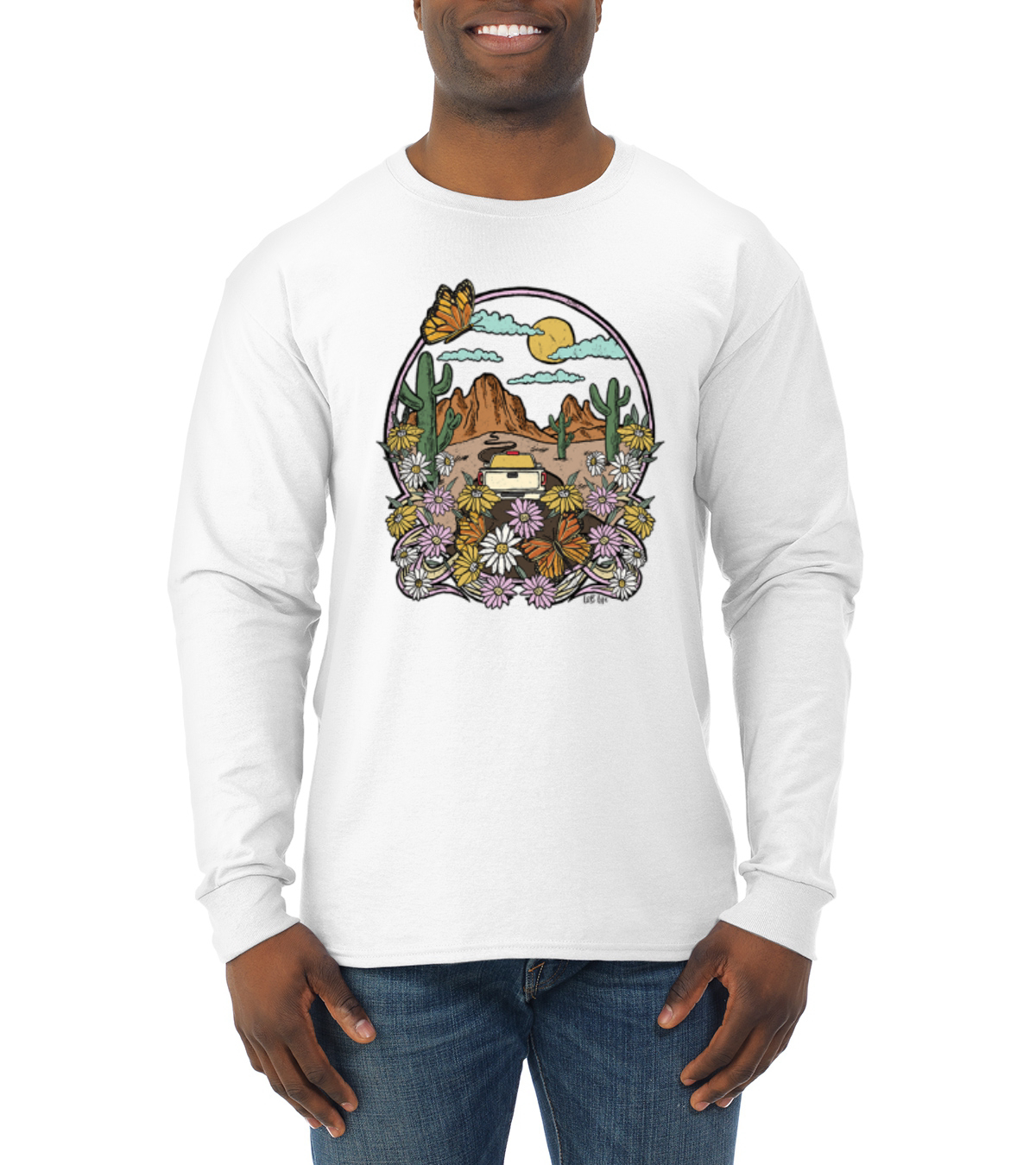 Trendiges Langarmshirt Landschaft mit Gänseblümchen Kaktus Monarch Schmetterling Männer - Bild 13 von 13