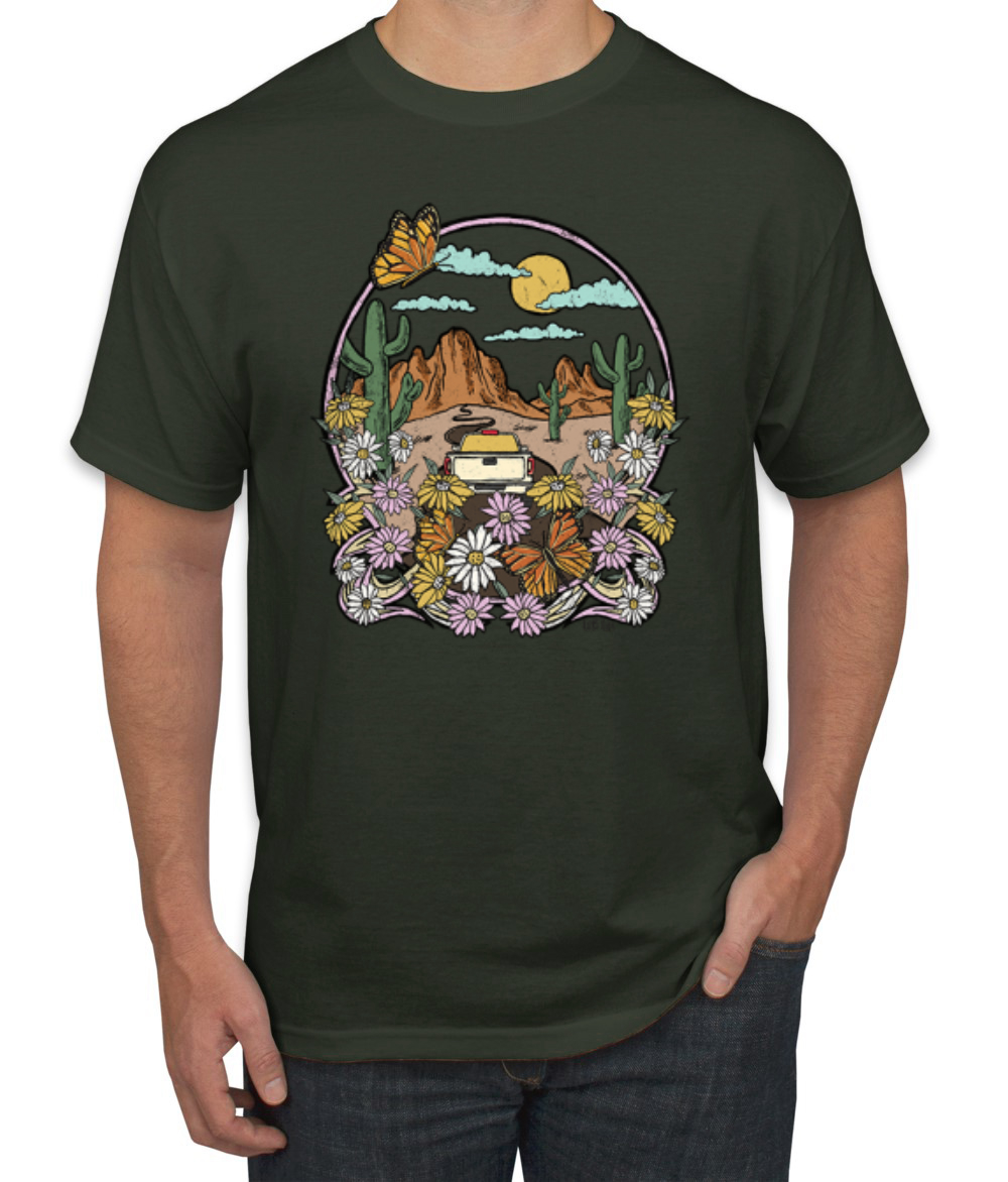 Trendiges T-Shirt Landschaft mit Gänseblümchen Kaktus Monarch Schmetterling Herren - Bild 5 von 16