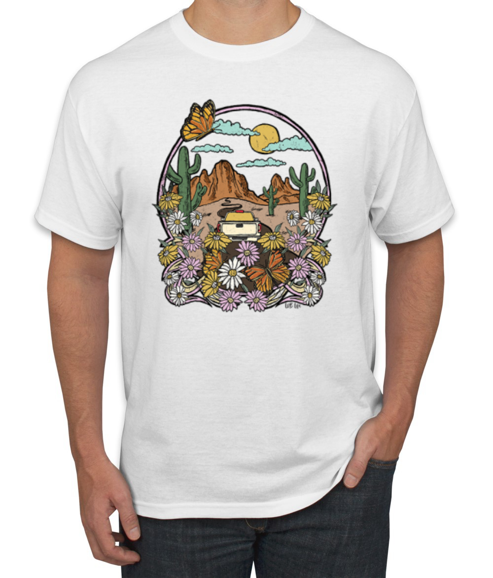 Trendiges T-Shirt Landschaft mit Gänseblümchen Kaktus Monarch Schmetterling Herren - Bild 14 von 16