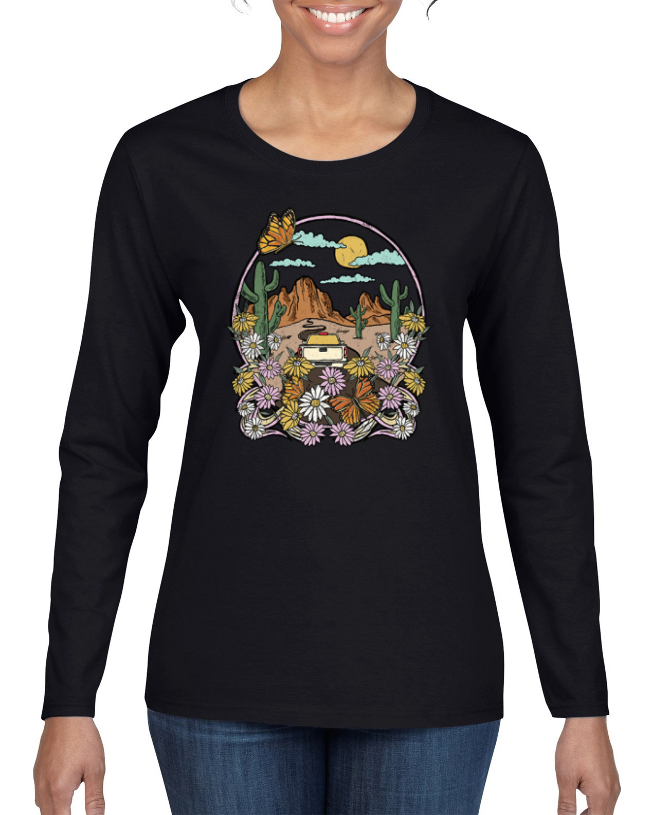 Trendy Landscape With Daisies Cactus Monarch Butterfly Women Long Sleeve TShirt - Picture 3 of 8