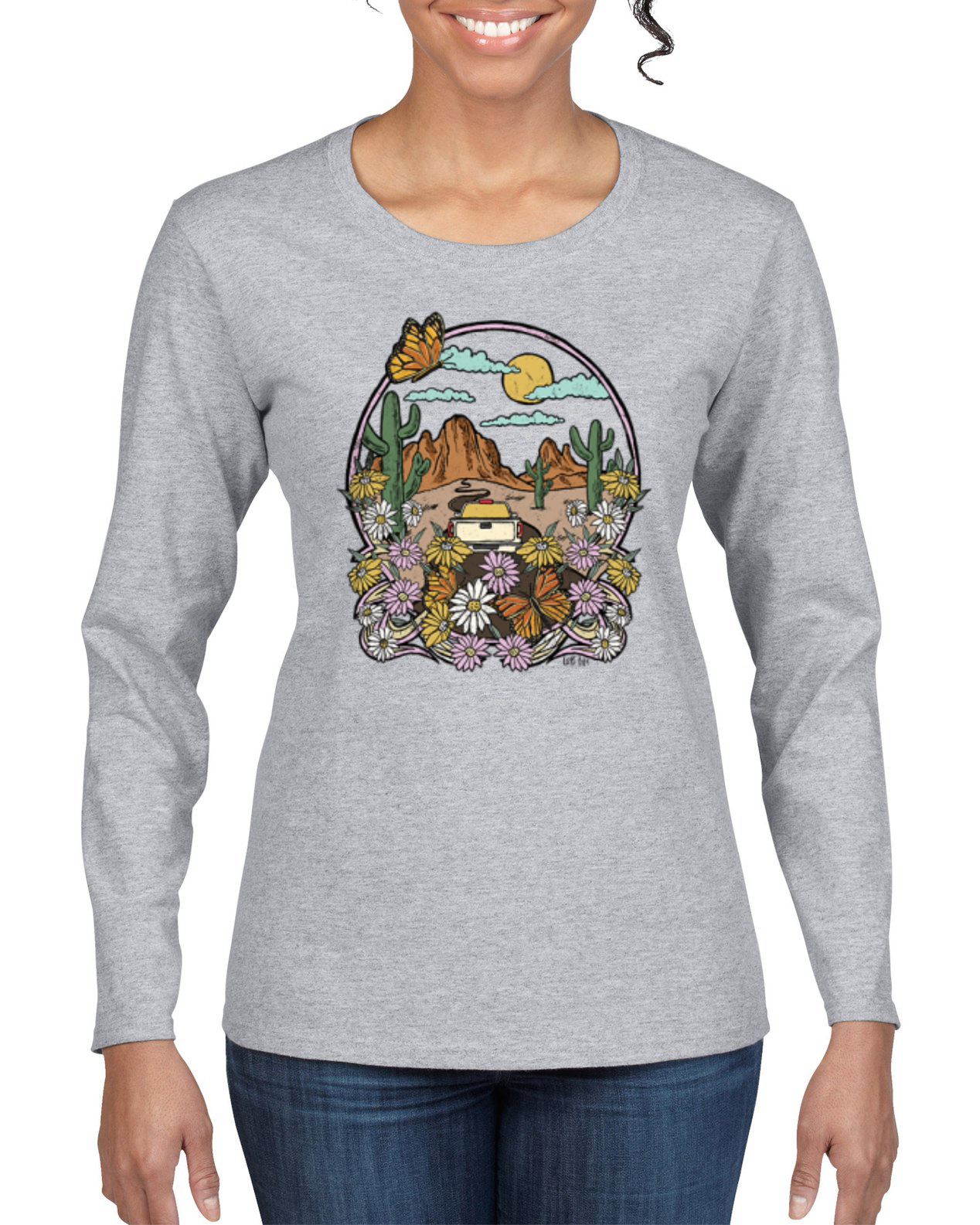 Trendy Landscape With Daisies Cactus Monarch Butterfly Women Long Sleeve TShirt - Picture 4 of 8