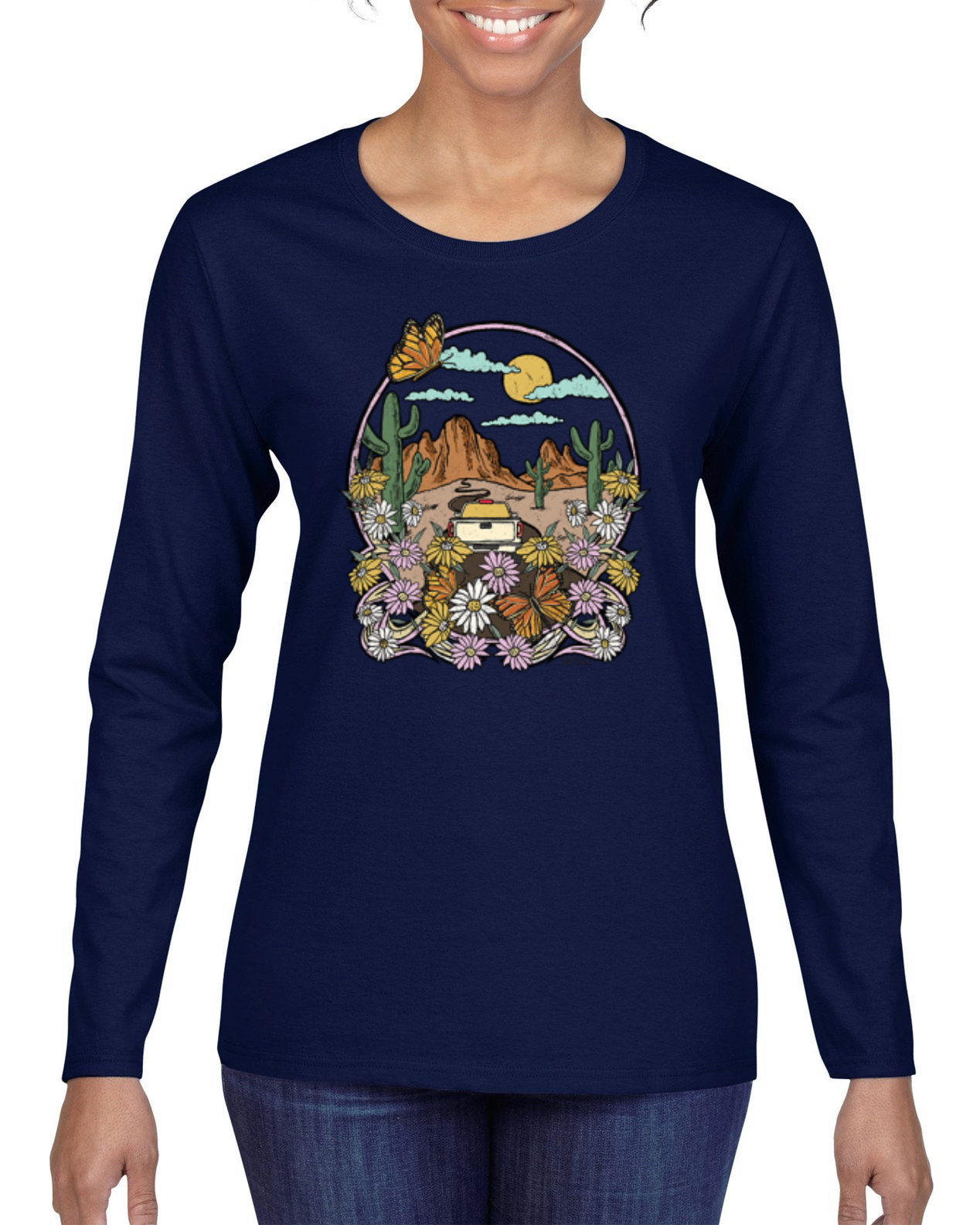 Trendy Landscape With Daisies Cactus Monarch Butterfly Women Long Sleeve TShirt - Picture 5 of 8