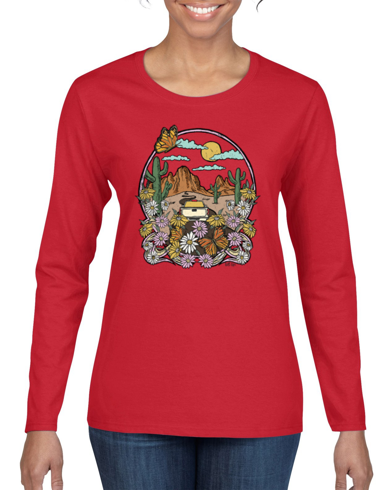 Trendy Landscape With Daisies Cactus Monarch Butterfly Women Long Sleeve TShirt - Picture 6 of 8