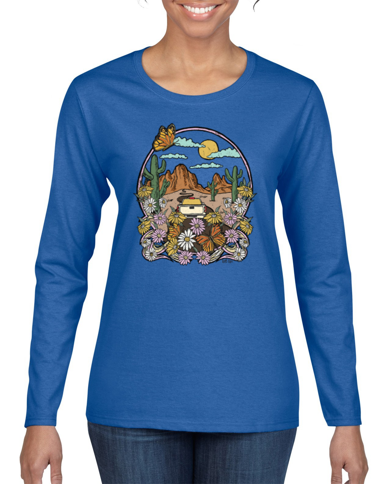 Trendy Landscape With Daisies Cactus Monarch Butterfly Women Long Sleeve TShirt - Picture 7 of 8