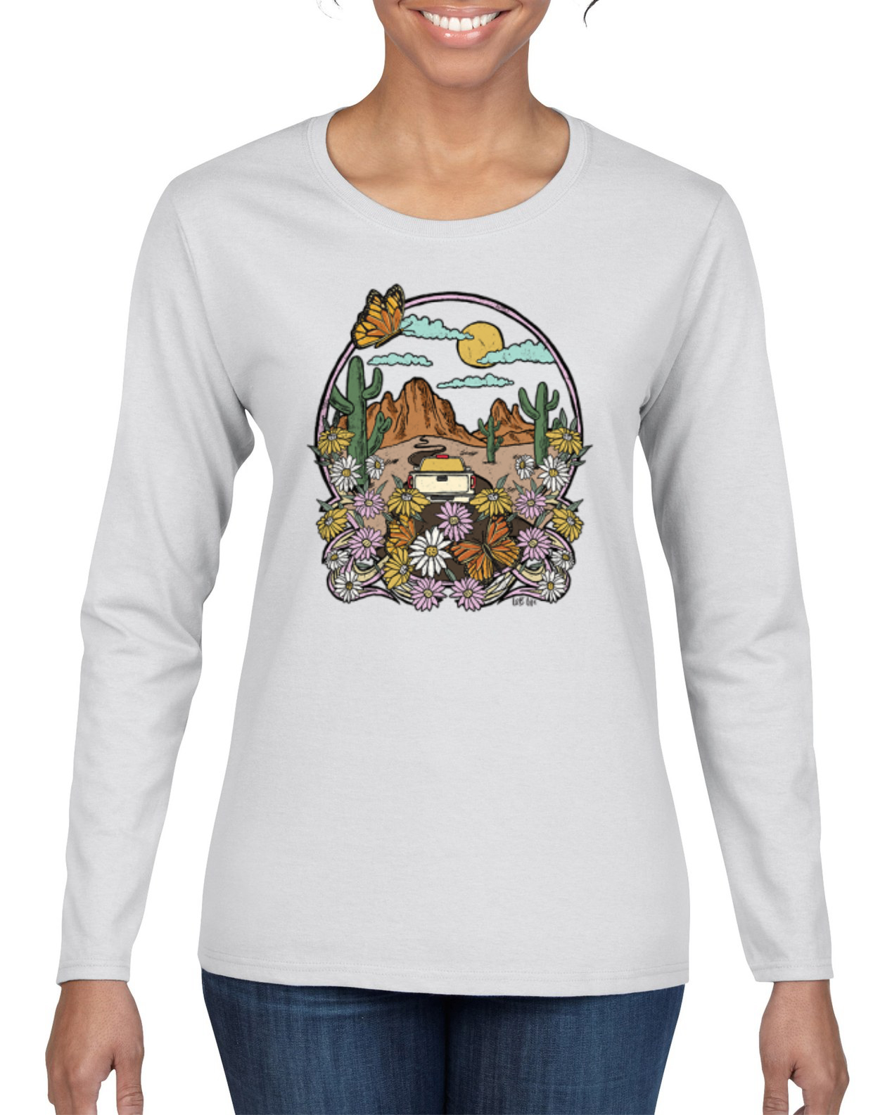 Trendy Landscape With Daisies Cactus Monarch Butterfly Women Long Sleeve TShirt - Picture 8 of 8