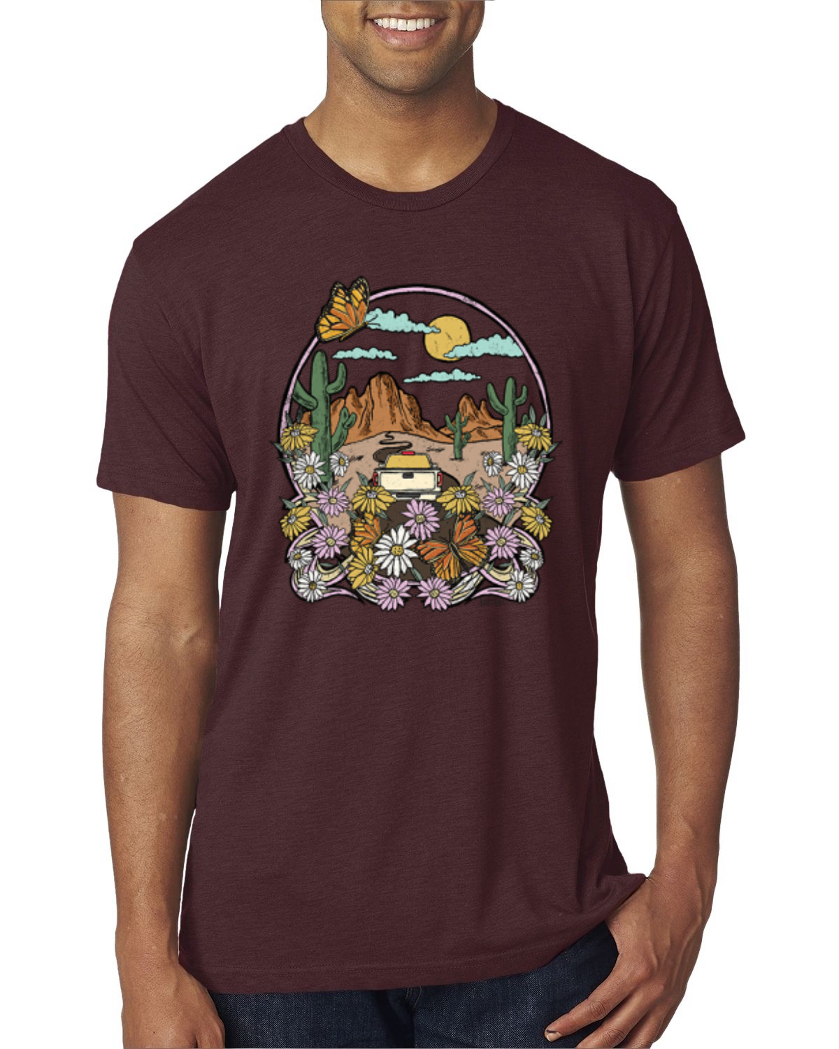 Trendiges T-Shirt Landschaft mit Gänseblümchen Kaktus Monarch Schmetterling Herren Tri Mischung - Bild 12 von 16