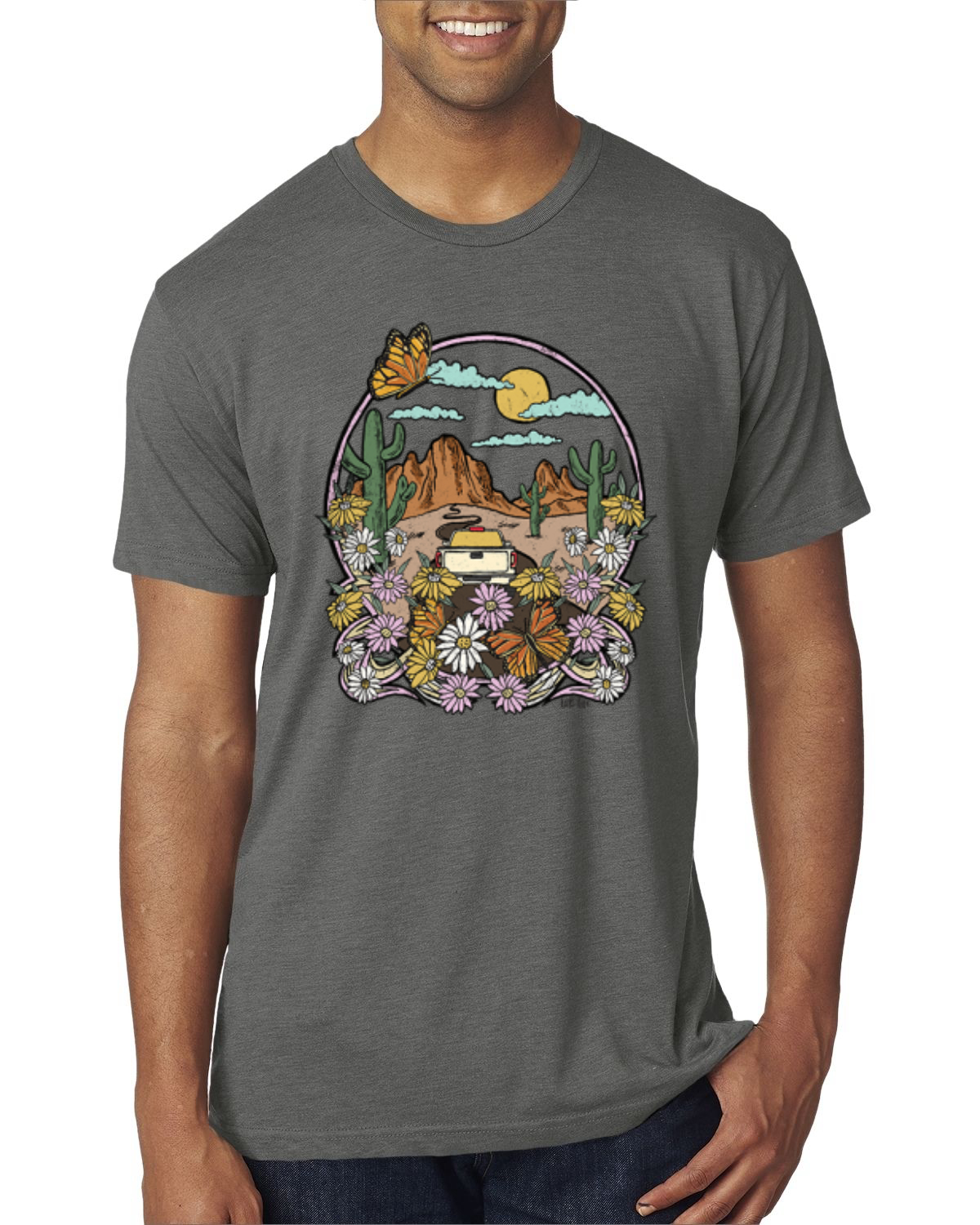 Trendiges T-Shirt Landschaft mit Gänseblümchen Kaktus Monarch Schmetterling Herren Tri Mischung - Bild 14 von 16
