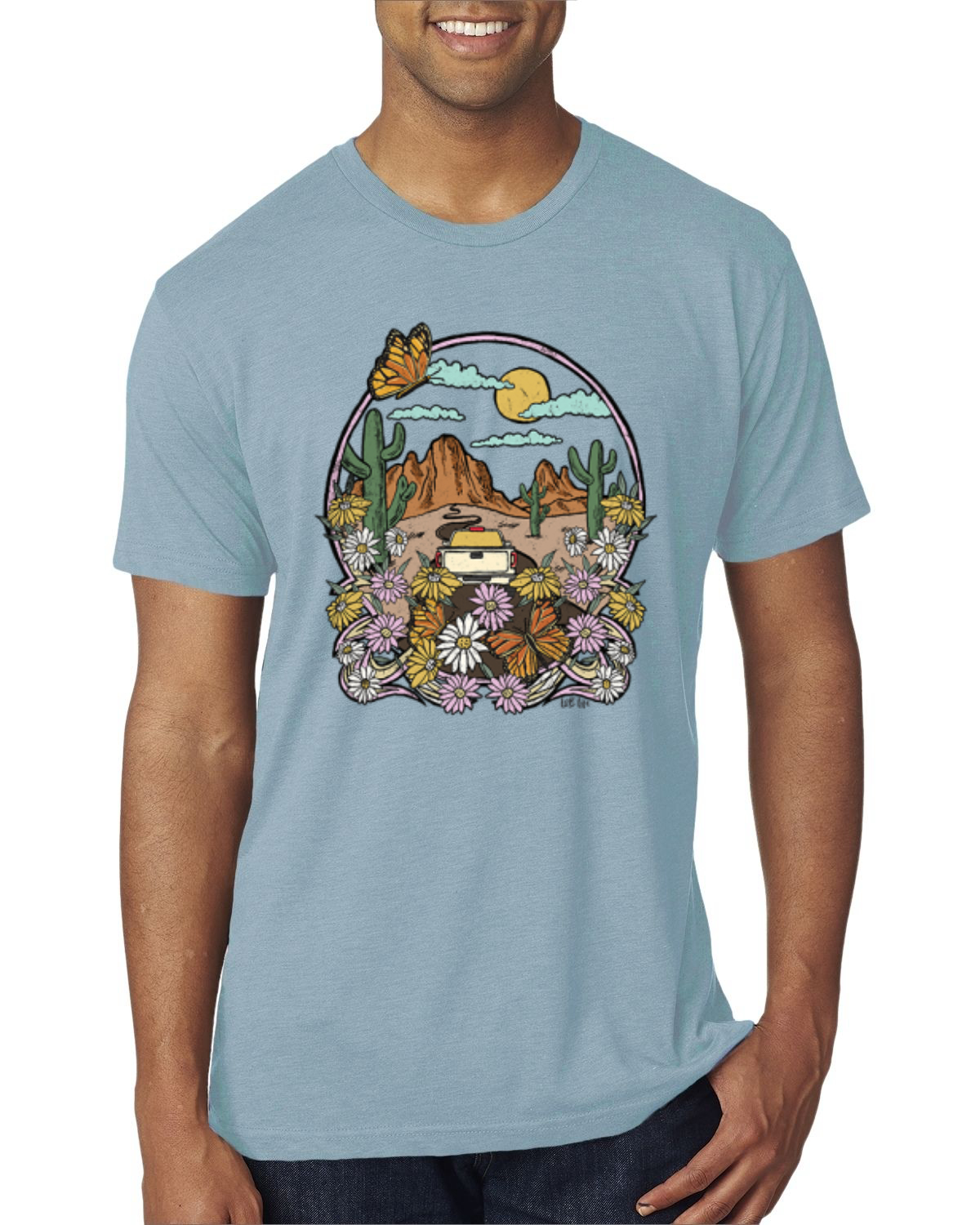 Trendiges T-Shirt Landschaft mit Gänseblümchen Kaktus Monarch Schmetterling Herren Tri Mischung - Bild 15 von 16