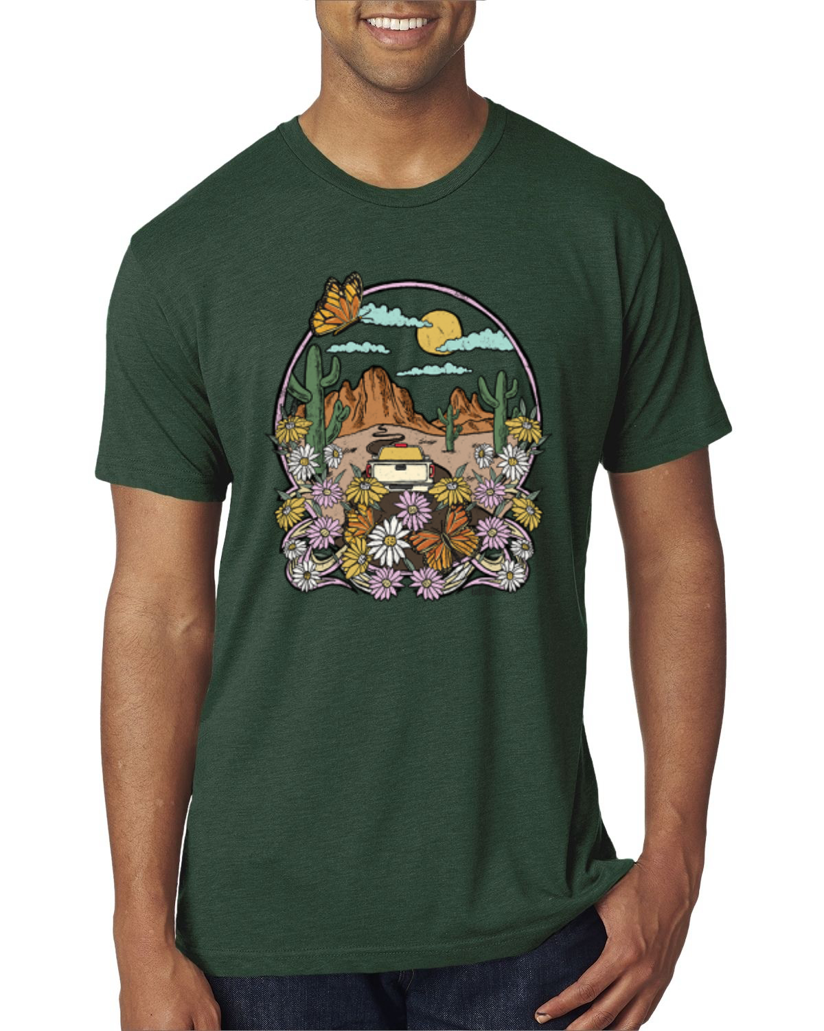 Trendiges T-Shirt Landschaft mit Gänseblümchen Kaktus Monarch Schmetterling Herren Tri Mischung - Bild 3 von 16