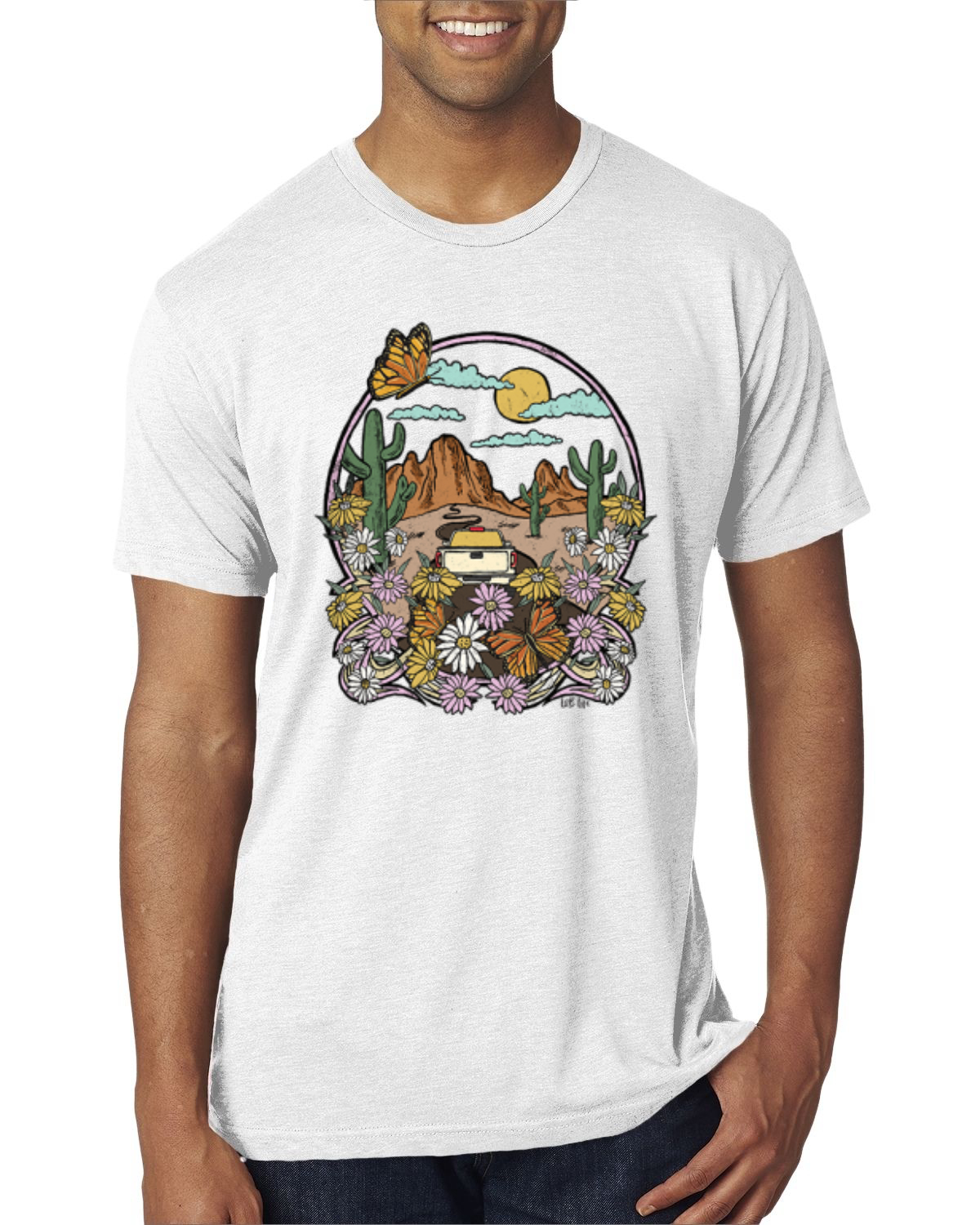 Trendiges T-Shirt Landschaft mit Gänseblümchen Kaktus Monarch Schmetterling Herren Tri Mischung - Bild 4 von 16