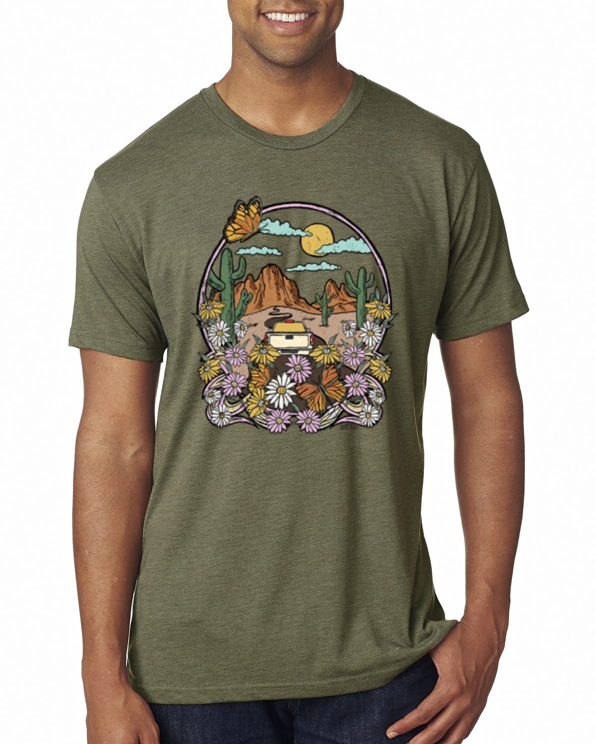 Trendiges T-Shirt Landschaft mit Gänseblümchen Kaktus Monarch Schmetterling Herren Tri Mischung - Bild 11 von 16