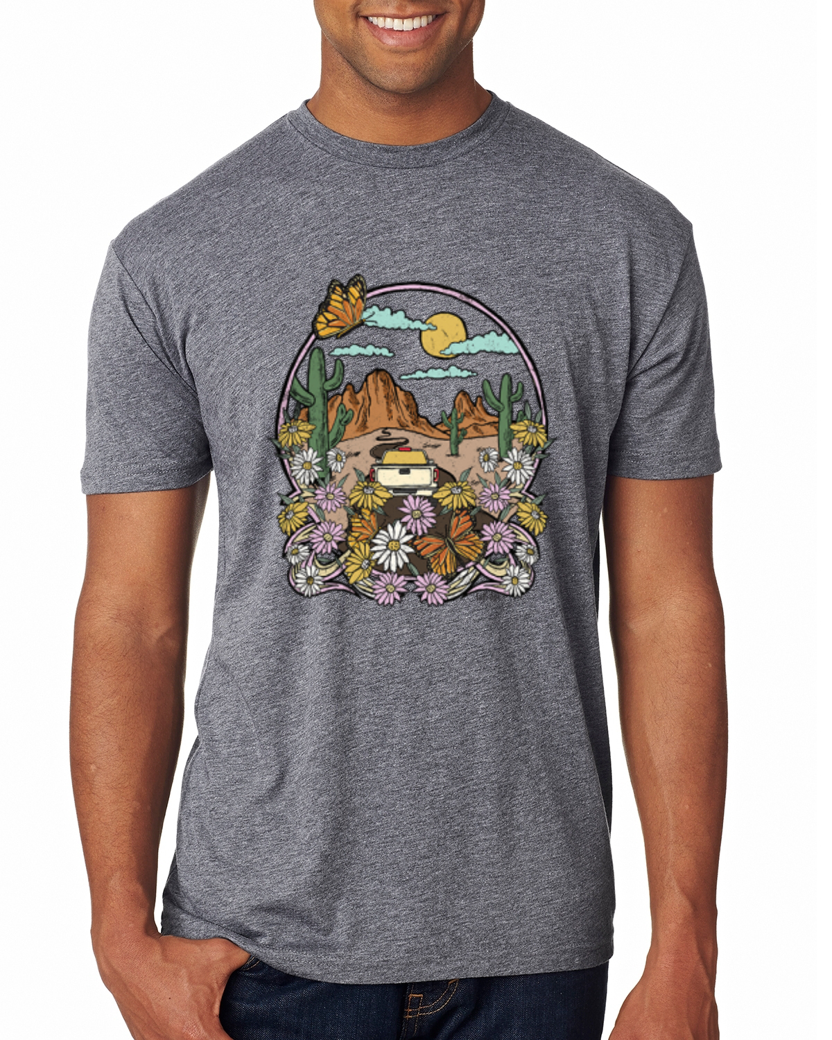 Trendiges T-Shirt Landschaft mit Gänseblümchen Kaktus Monarch Schmetterling Herren Tri Mischung - Bild 5 von 16