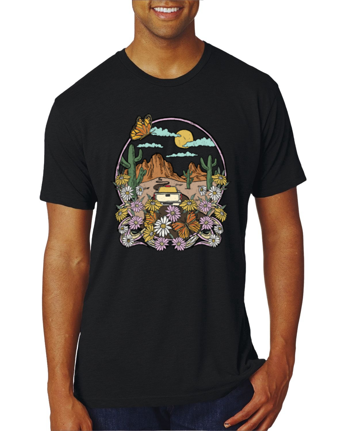 Trendiges T-Shirt Landschaft mit Gänseblümchen Kaktus Monarch Schmetterling Herren Tri Mischung - Bild 13 von 16