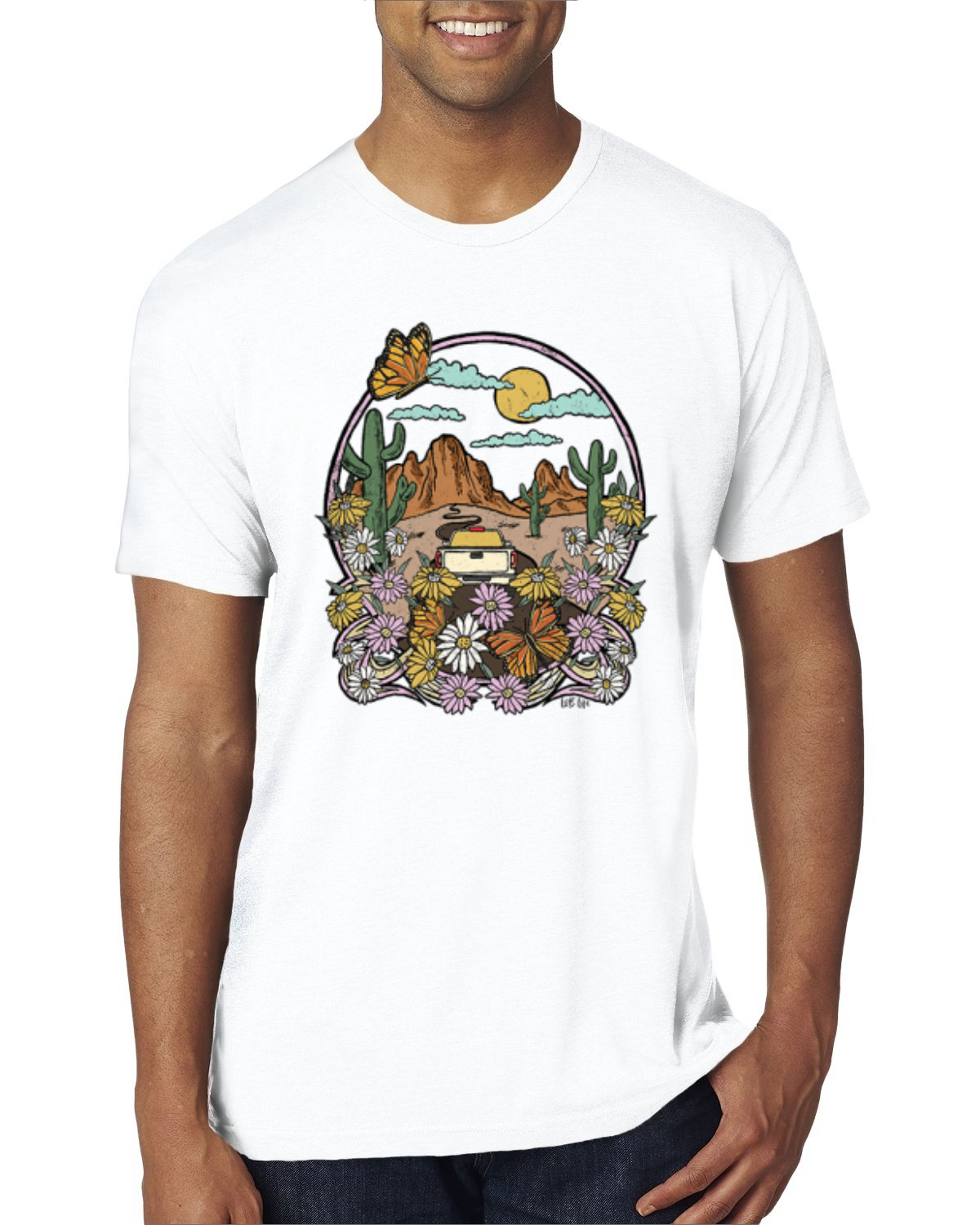 Trendiges T-Shirt Landschaft mit Gänseblümchen Kaktus Monarch Schmetterling Herren Tri Mischung - Bild 16 von 16