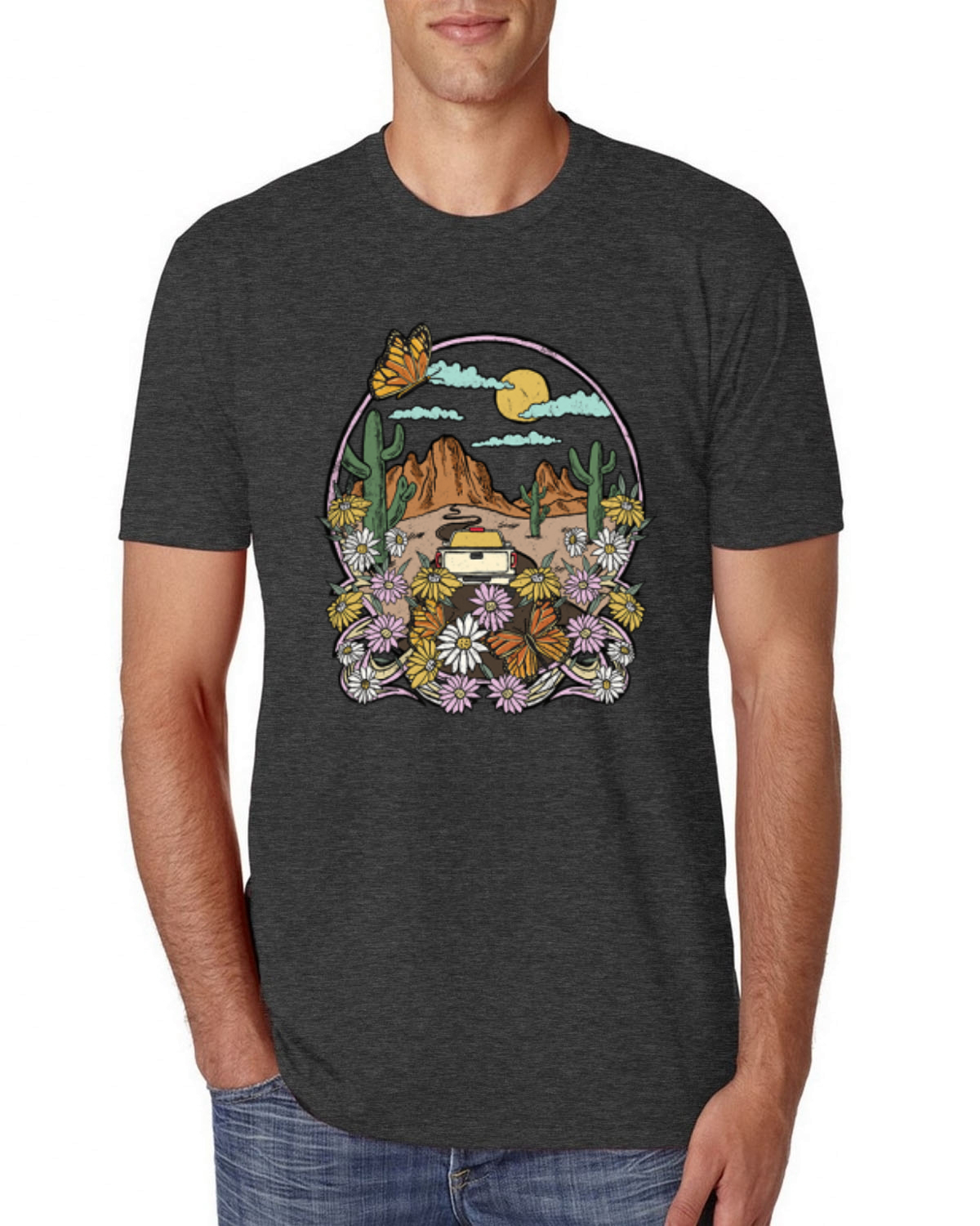 Trendiges T-Shirt Landschaft mit Gänseblümchen Kaktus Monarch Schmetterling Herren Tri Mischung - Bild 6 von 16