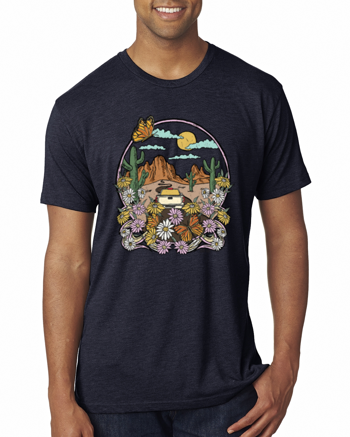 Trendiges T-Shirt Landschaft mit Gänseblümchen Kaktus Monarch Schmetterling Herren Tri Mischung - Bild 7 von 16