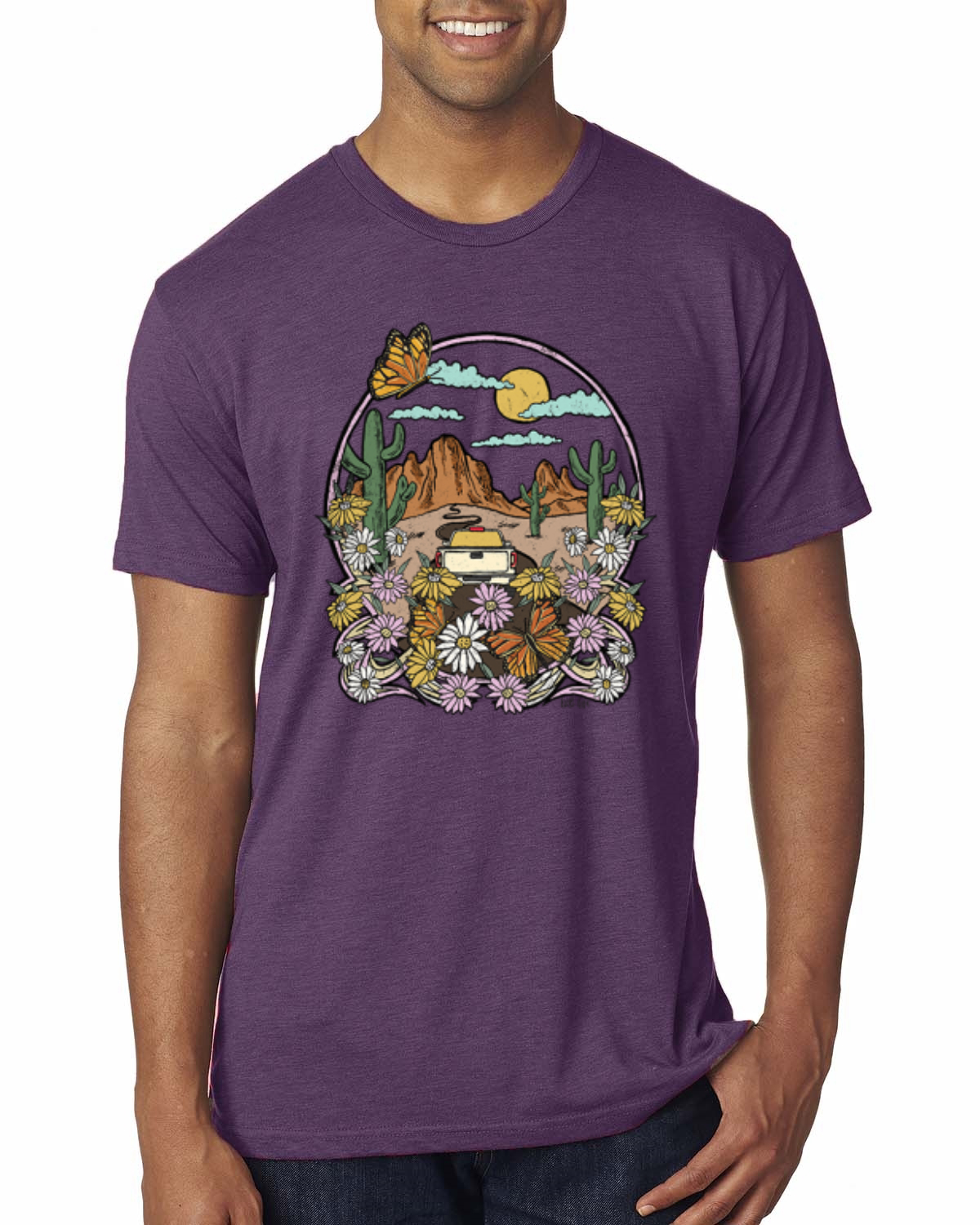 Trendiges T-Shirt Landschaft mit Gänseblümchen Kaktus Monarch Schmetterling Herren Tri Mischung - Bild 8 von 16