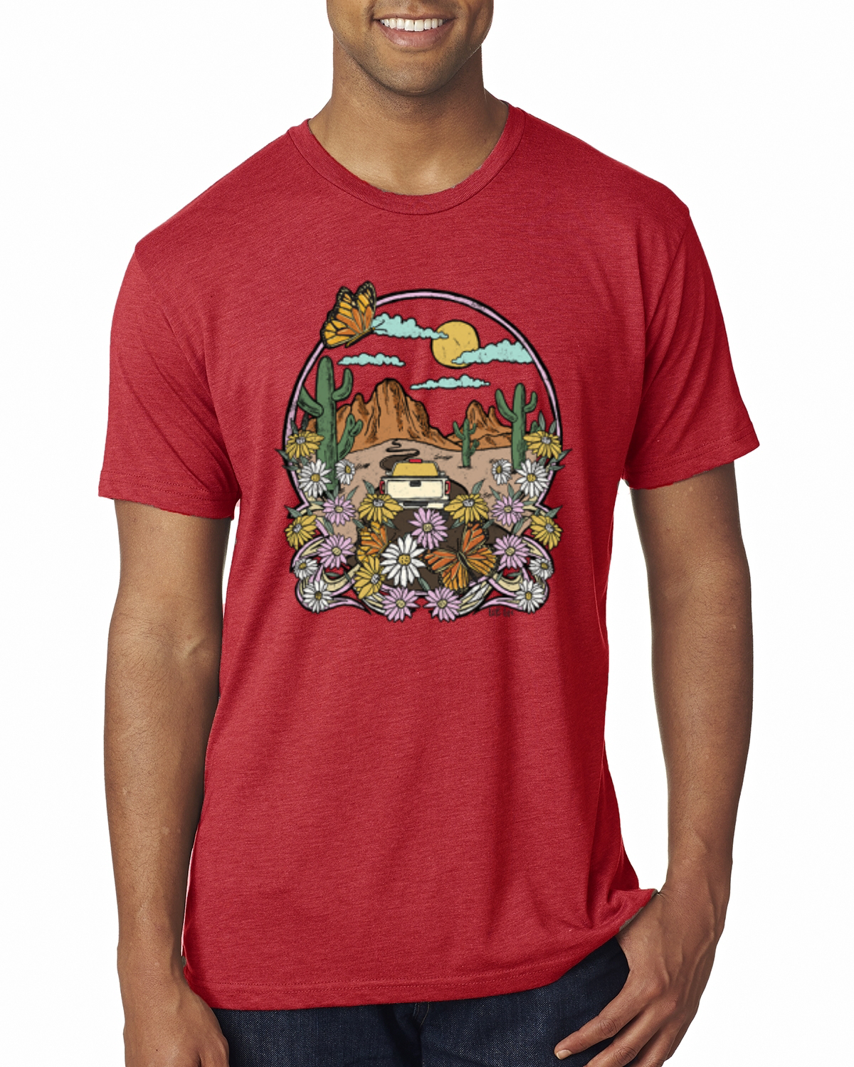 Trendiges T-Shirt Landschaft mit Gänseblümchen Kaktus Monarch Schmetterling Herren Tri Mischung - Bild 9 von 16