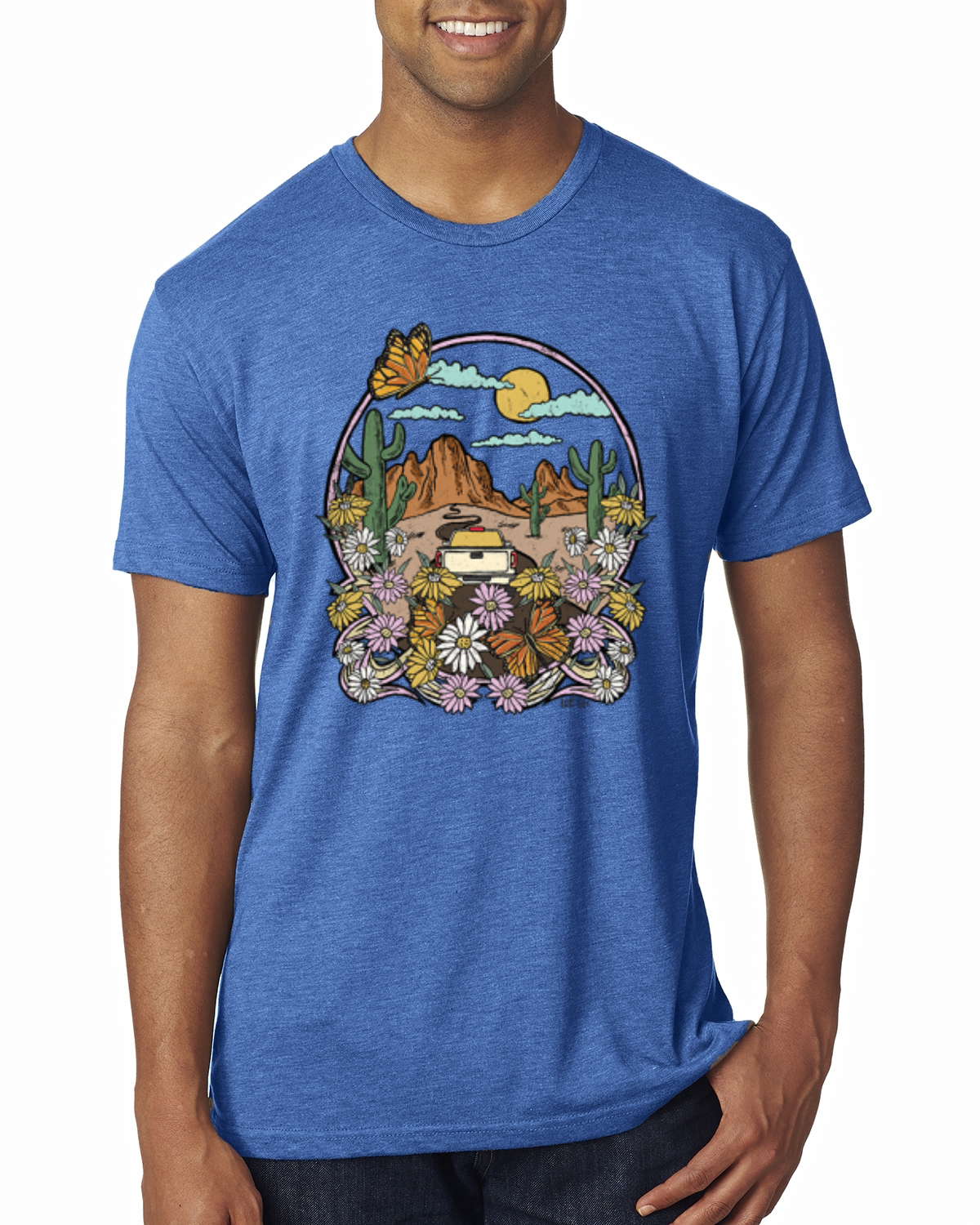 Trendiges T-Shirt Landschaft mit Gänseblümchen Kaktus Monarch Schmetterling Herren Tri Mischung - Bild 10 von 16