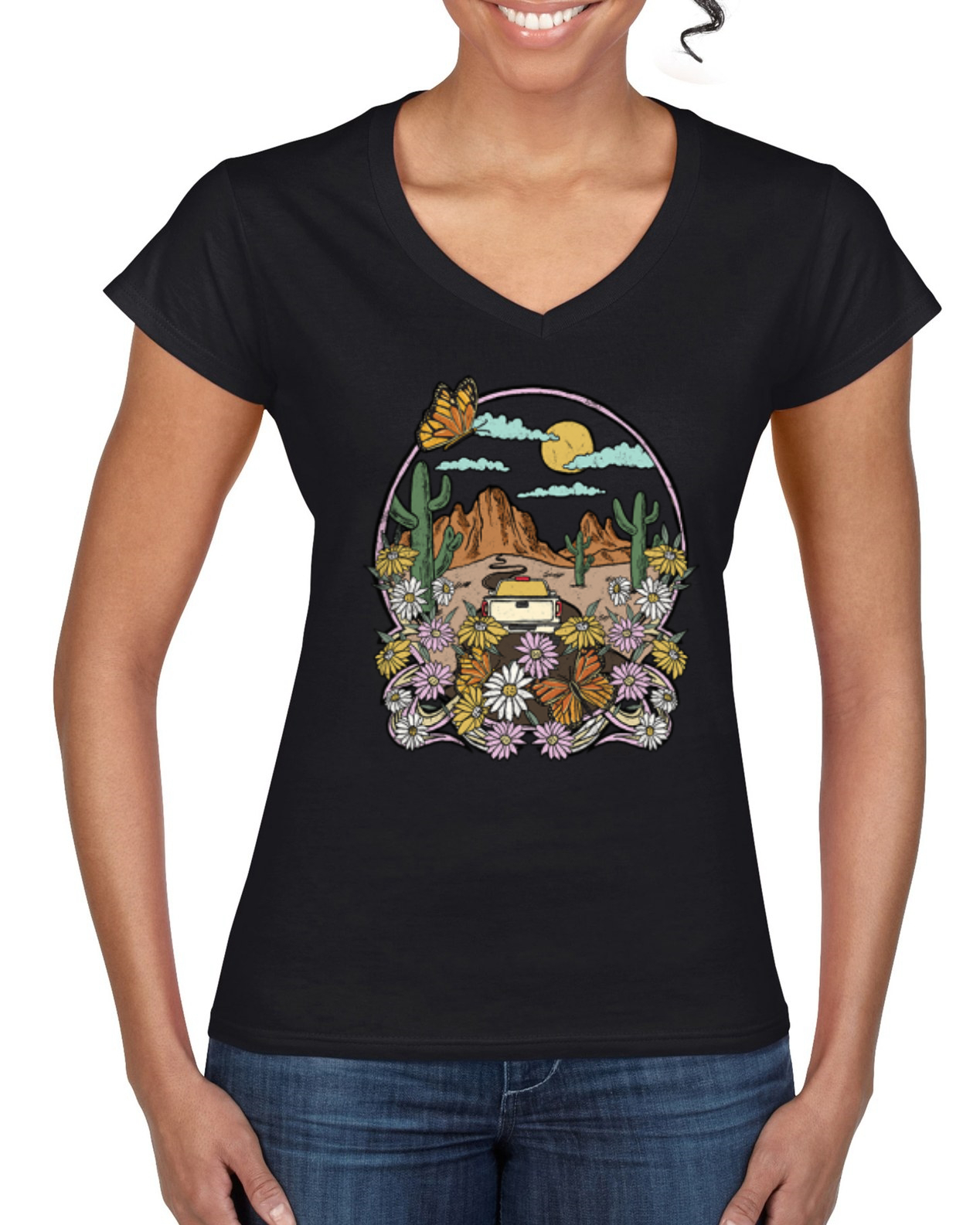 Paisaje de moda con margaritas cactus mariposa monarca mujer cuello de vaca estándar - Imagen 3 de 8