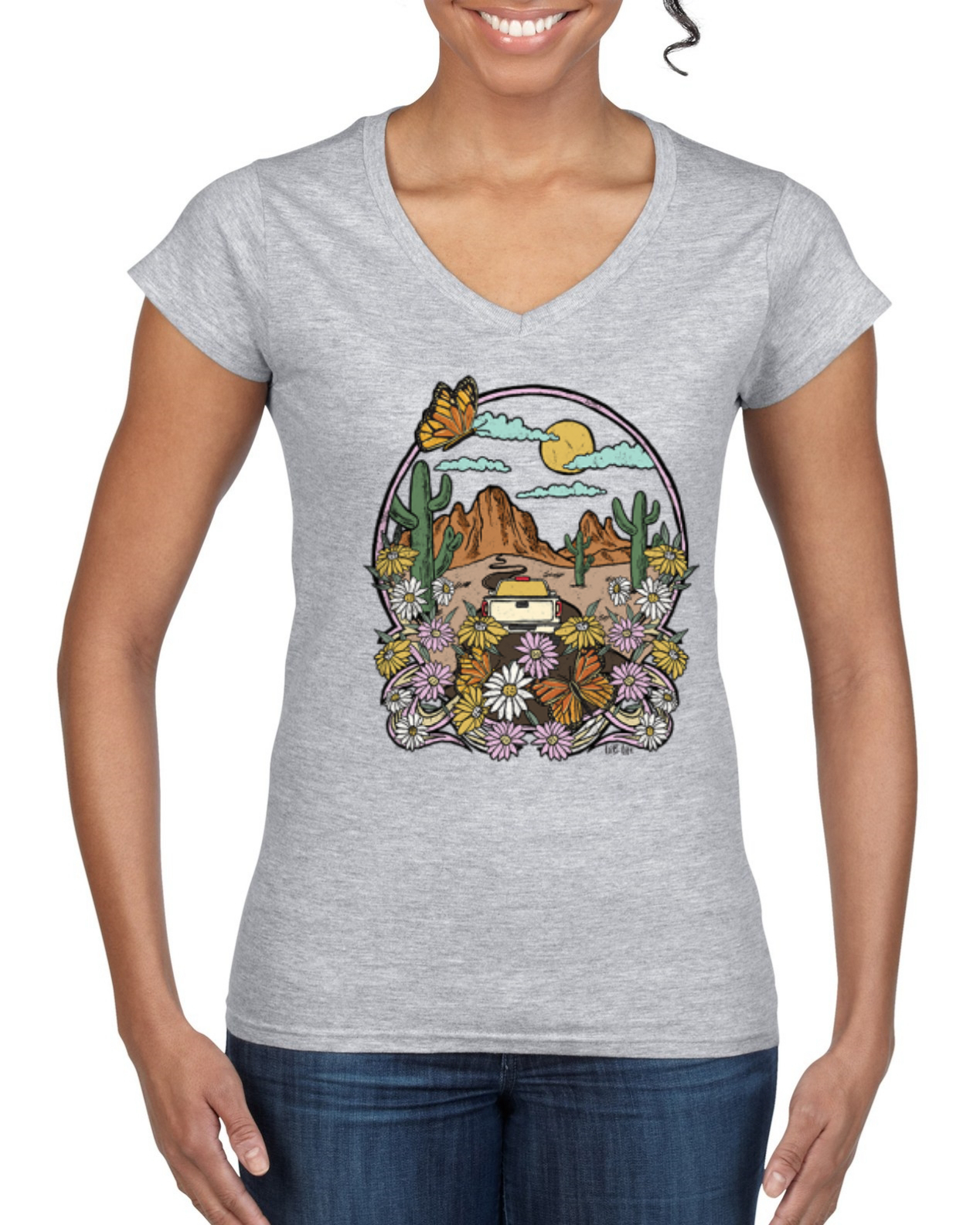 Paisaje de moda con margaritas cactus mariposa monarca mujer cuello de vaca estándar - Imagen 4 de 8