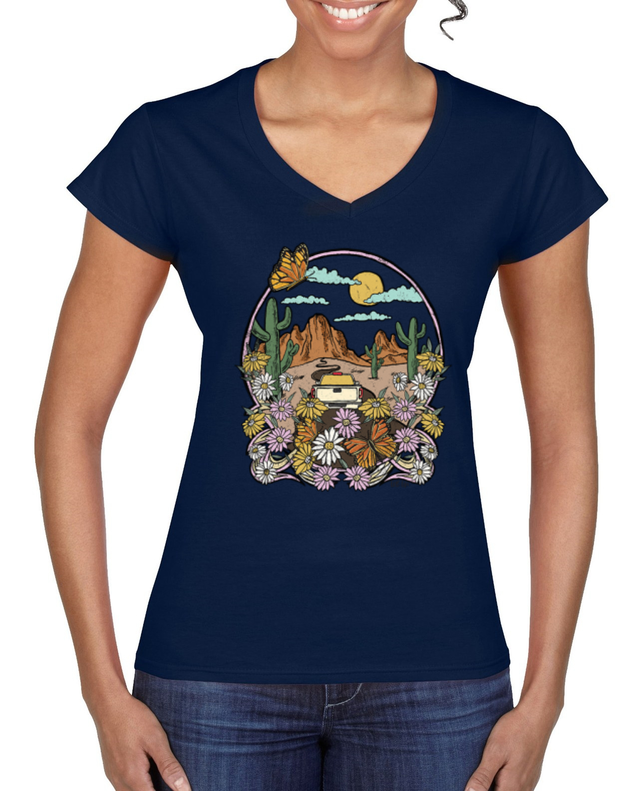 Paisaje de moda con margaritas cactus mariposa monarca mujer cuello de vaca estándar - Imagen 5 de 8