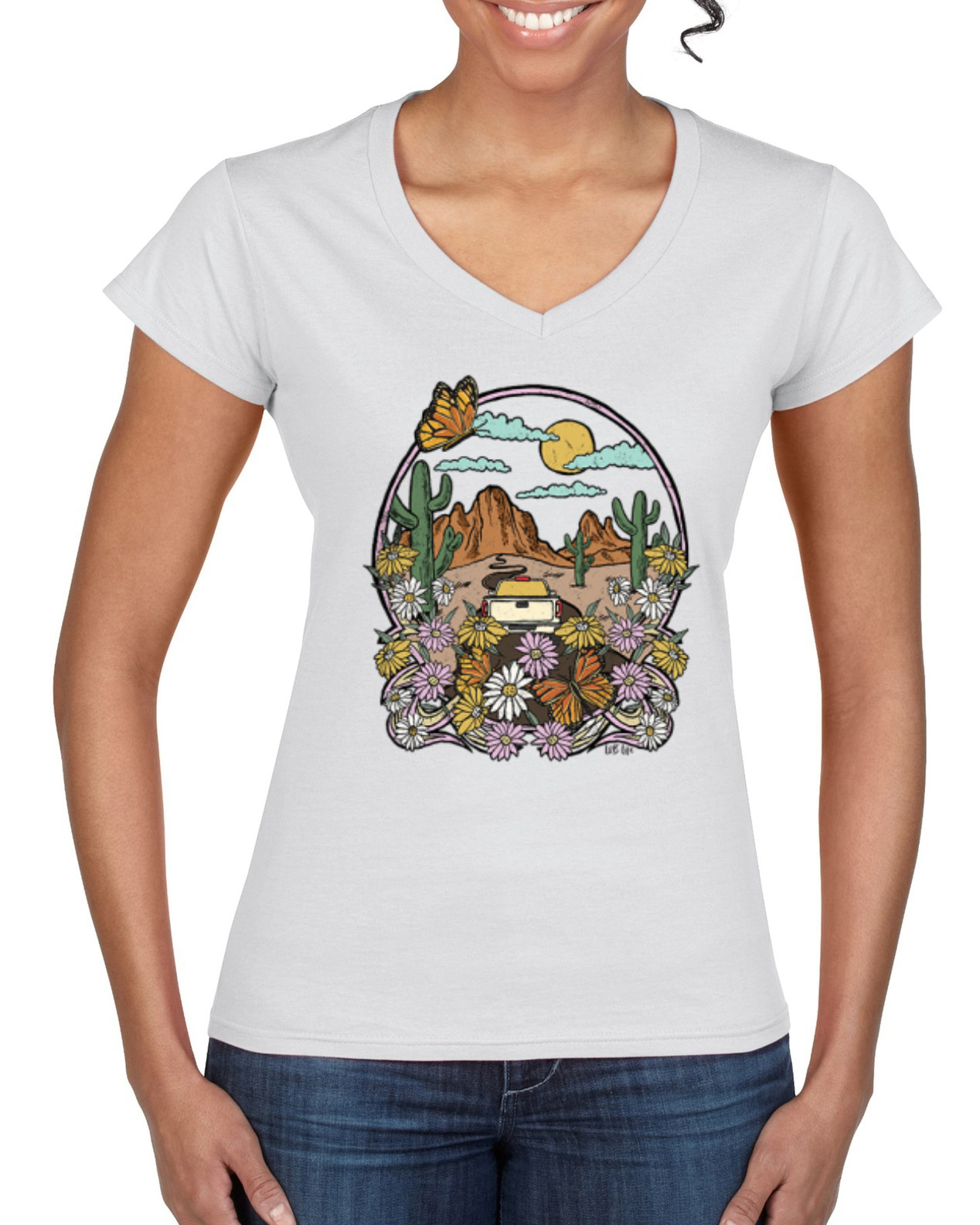 Paisaje de moda con margaritas cactus mariposa monarca mujer cuello de vaca estándar - Imagen 8 de 8