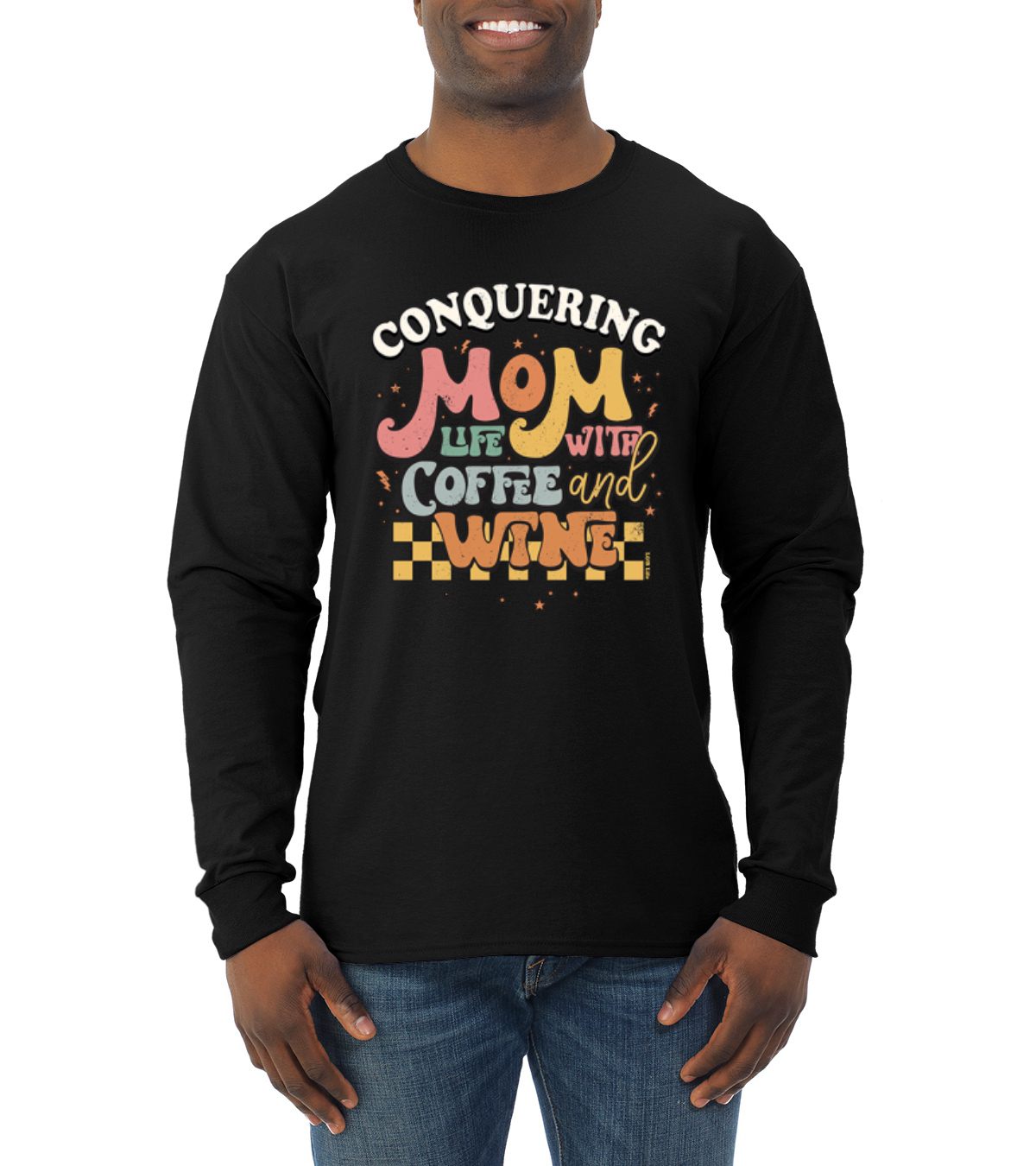 Conquering Mom Life With Coffee and Wine Checkered Stars Men Long Sleeve Shirt
