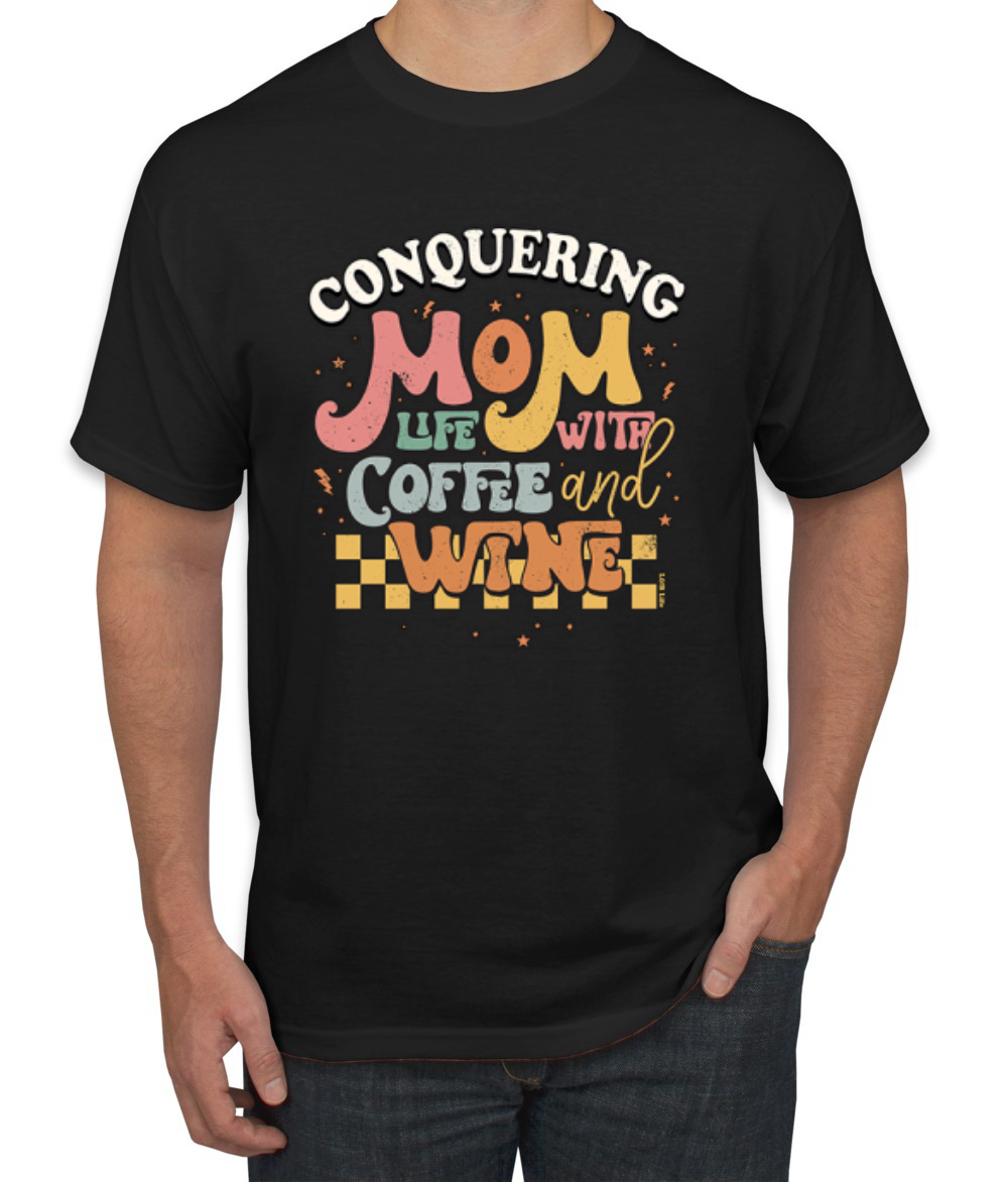 Conquering Mom Life With Coffee and Wine Checkered Stars Men TShirt