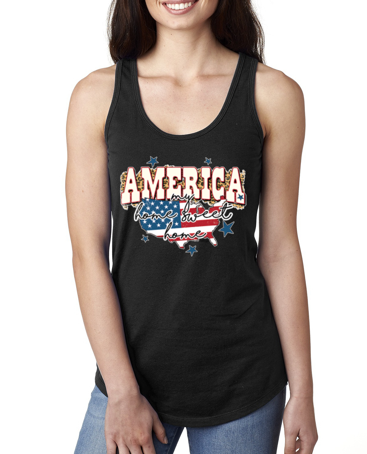 My Home Sweet Home American Flag with Stars Ladies Racerback Tank Top - Picture 3 of 10