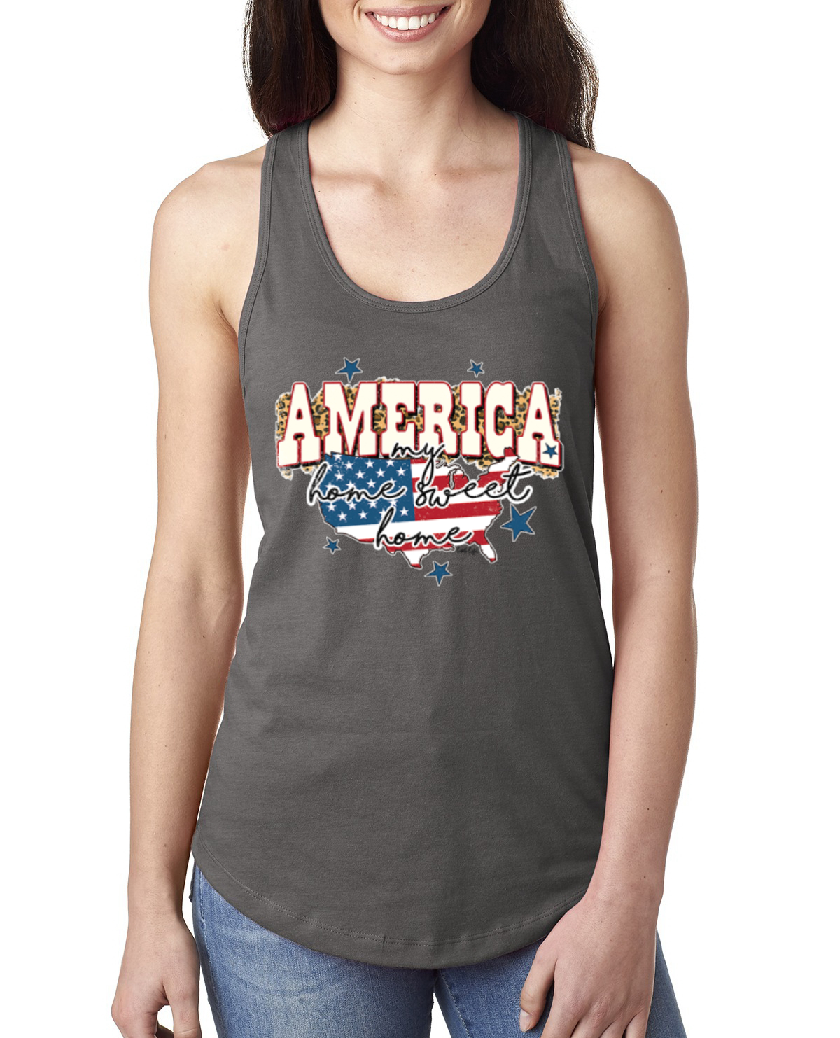 My Home Sweet Home American Flag with Stars Ladies Racerback Tank Top - Picture 9 of 10