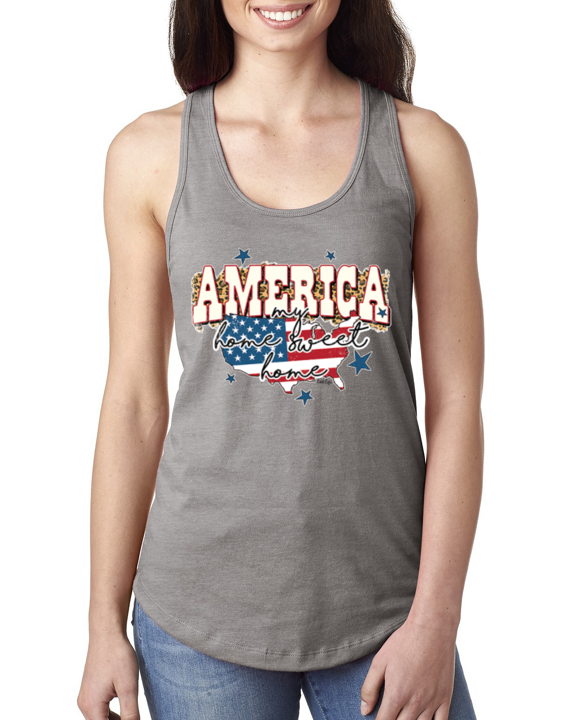 My Home Sweet Home American Flag with Stars Ladies Racerback Tank Top - Picture 4 of 10