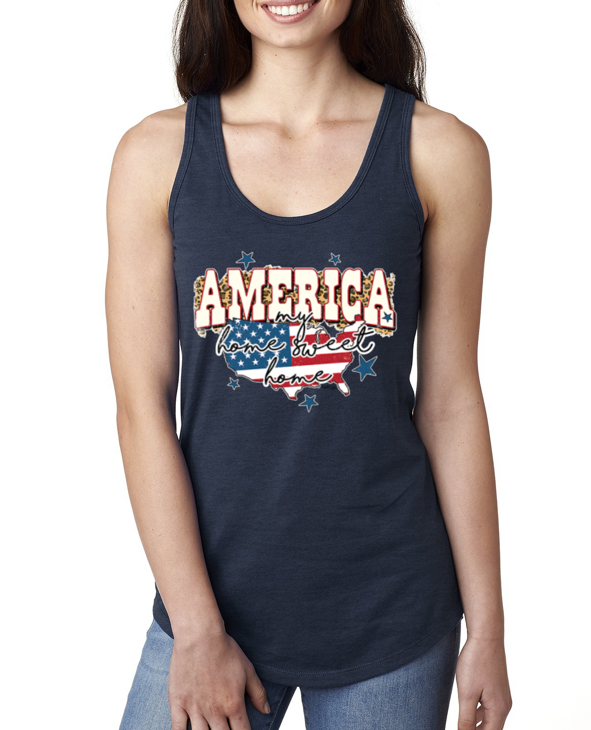 My Home Sweet Home American Flag with Stars Ladies Racerback Tank Top - Picture 5 of 10