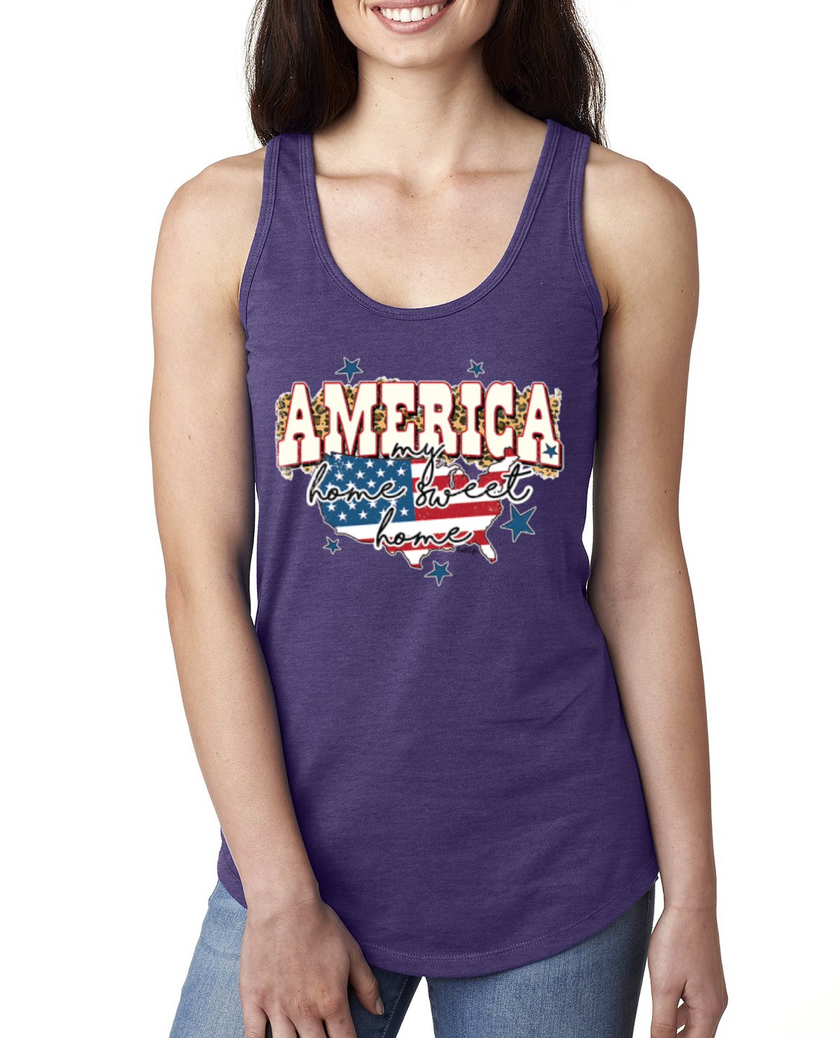 My Home Sweet Home American Flag with Stars Ladies Racerback Tank Top - Picture 10 of 10