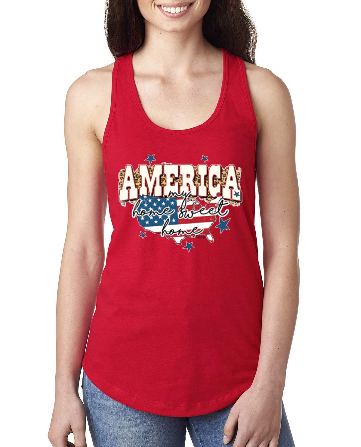 My Home Sweet Home American Flag with Stars Ladies Racerback Tank Top - Picture 6 of 10