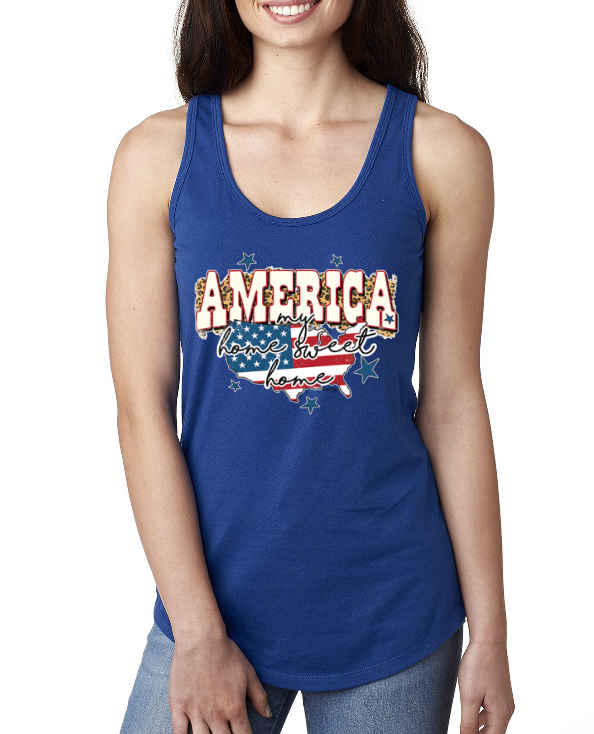 My Home Sweet Home American Flag with Stars Ladies Racerback Tank Top - Picture 7 of 10