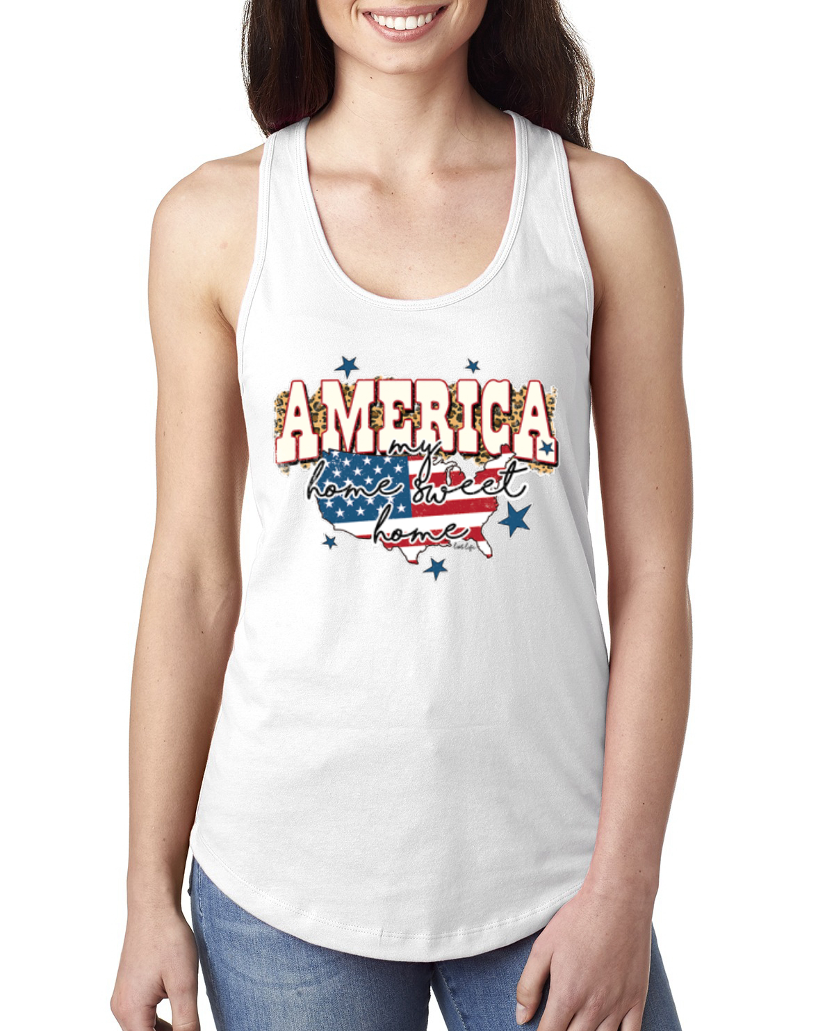 My Home Sweet Home American Flag with Stars Ladies Racerback Tank Top - Picture 8 of 10
