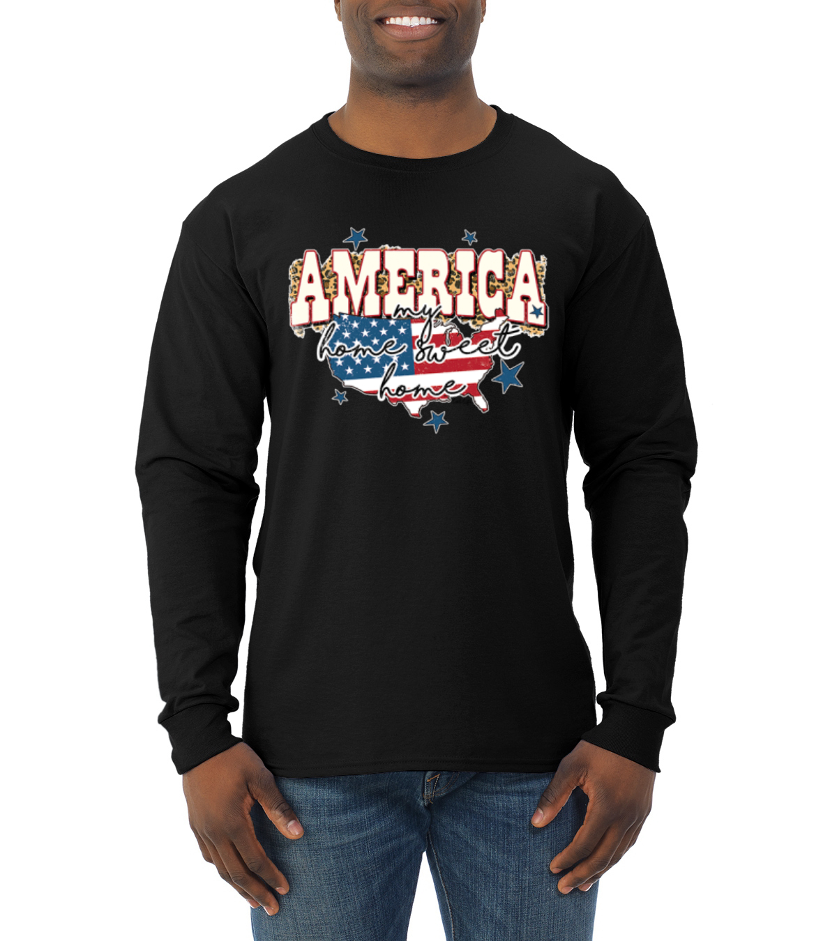 My Home Sweet Home American Flag with Stars Men Long Sleeve Shirt