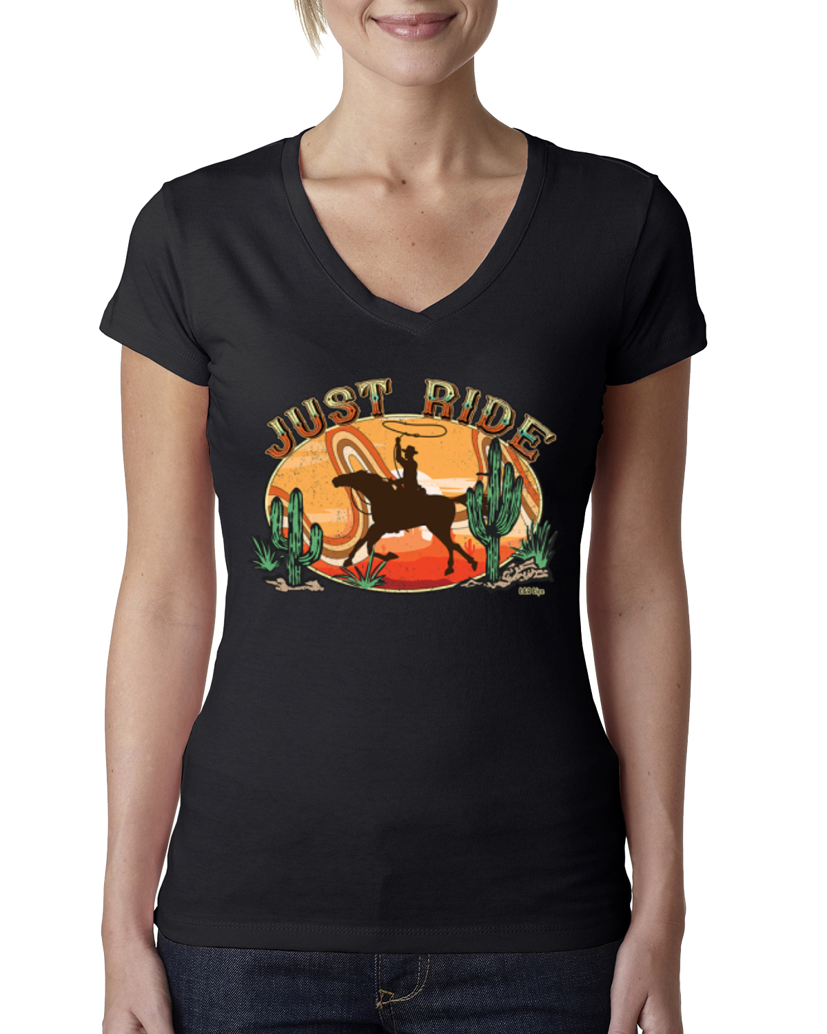 Retro Cowboy Just Ride Cacti Sunset Lasso Women Junior Fit VNeck Tee - Picture 3 of 10