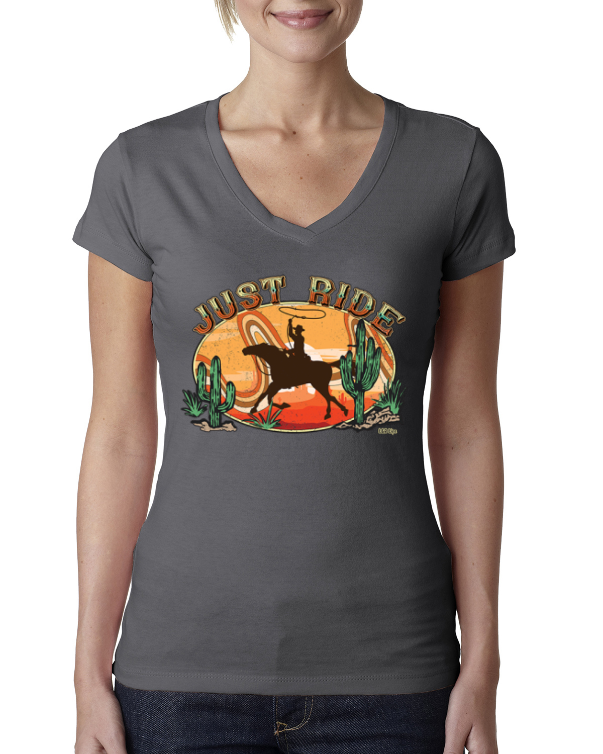 Retro Cowboy Just Ride Cacti Sunset Lasso Women Junior Fit VNeck Tee - Picture 9 of 10