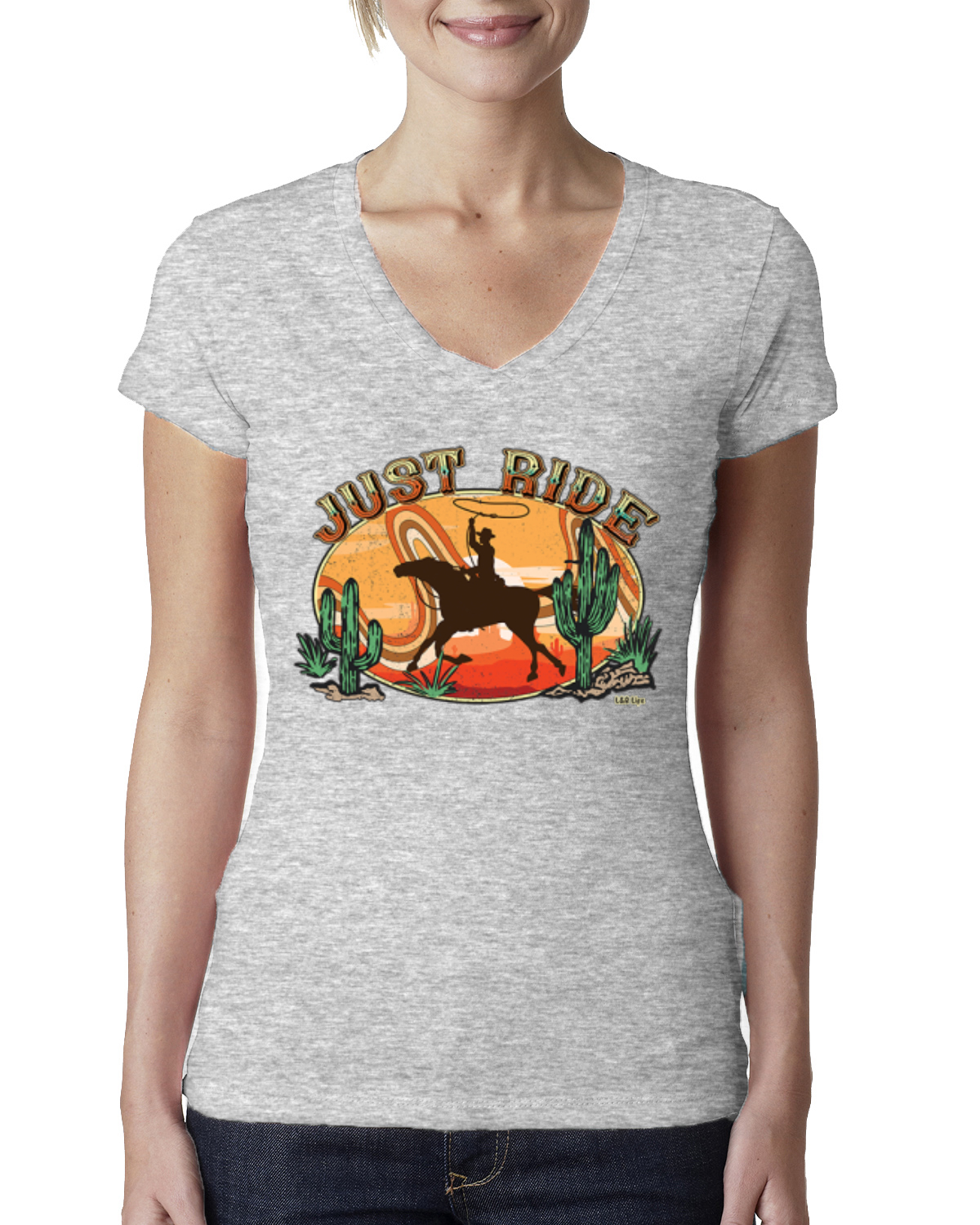 Retro Cowboy Just Ride Cacti Sunset Lasso Women Junior Fit VNeck Tee - Picture 4 of 10