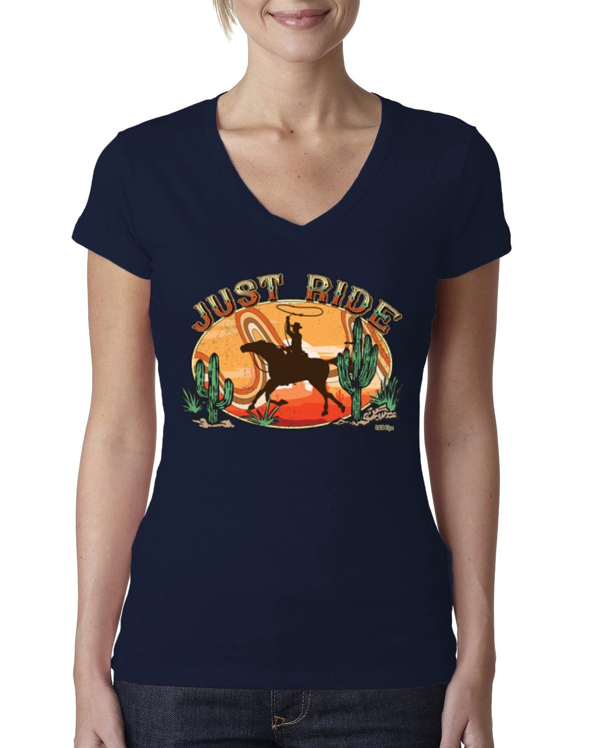 Retro Cowboy Just Ride Cacti Sunset Lasso Women Junior Fit VNeck Tee - Picture 5 of 10