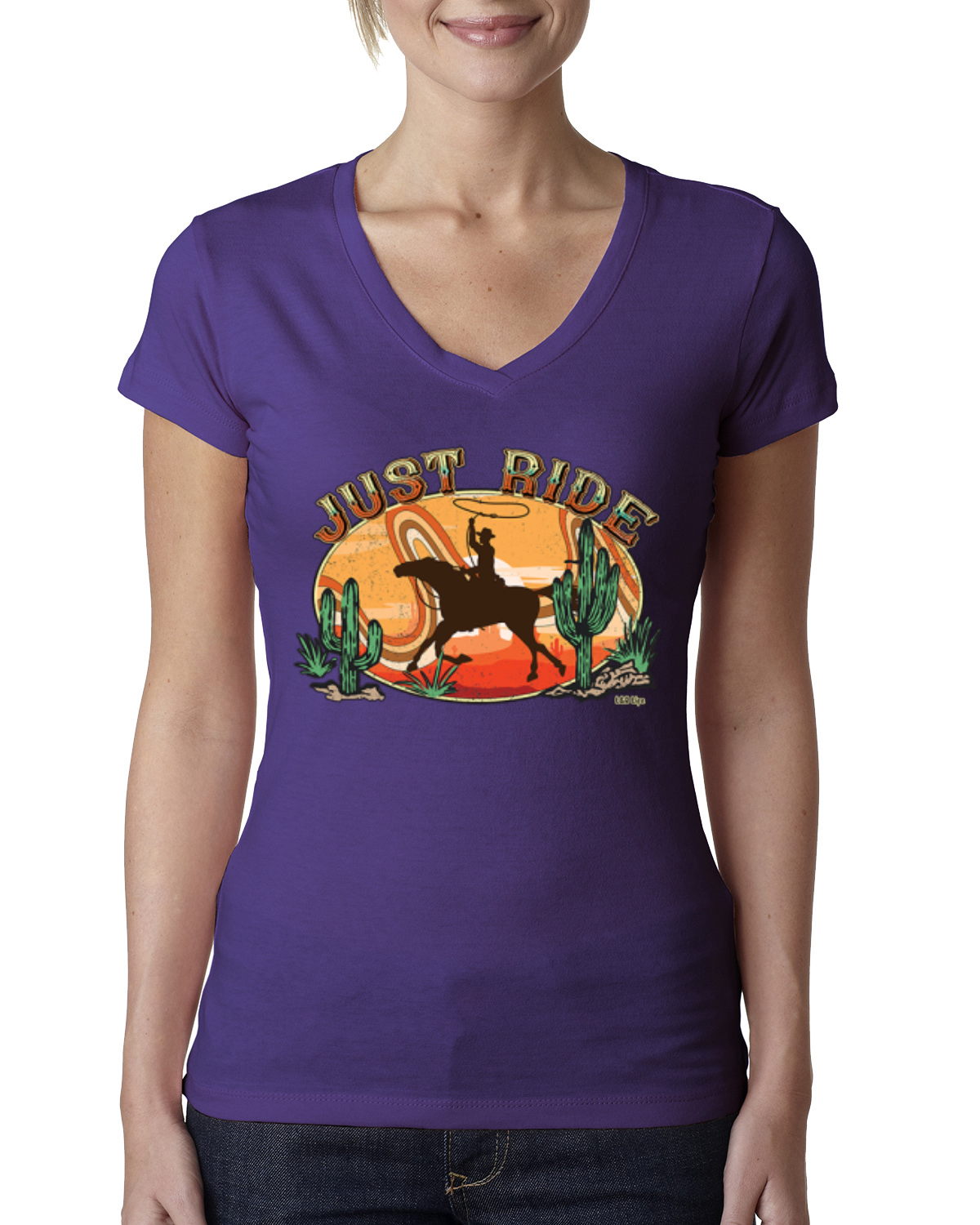Retro Cowboy Just Ride Cacti Sunset Lasso Women Junior Fit VNeck Tee - Picture 10 of 10