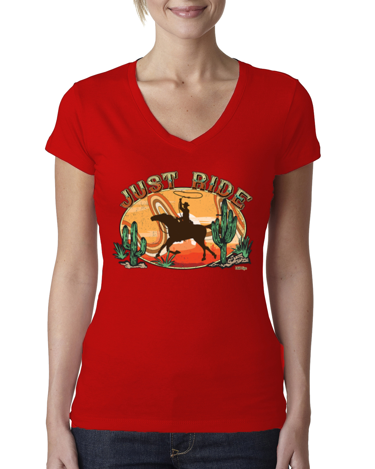 Retro Cowboy Just Ride Cacti Sunset Lasso Women Junior Fit VNeck Tee - Picture 6 of 10