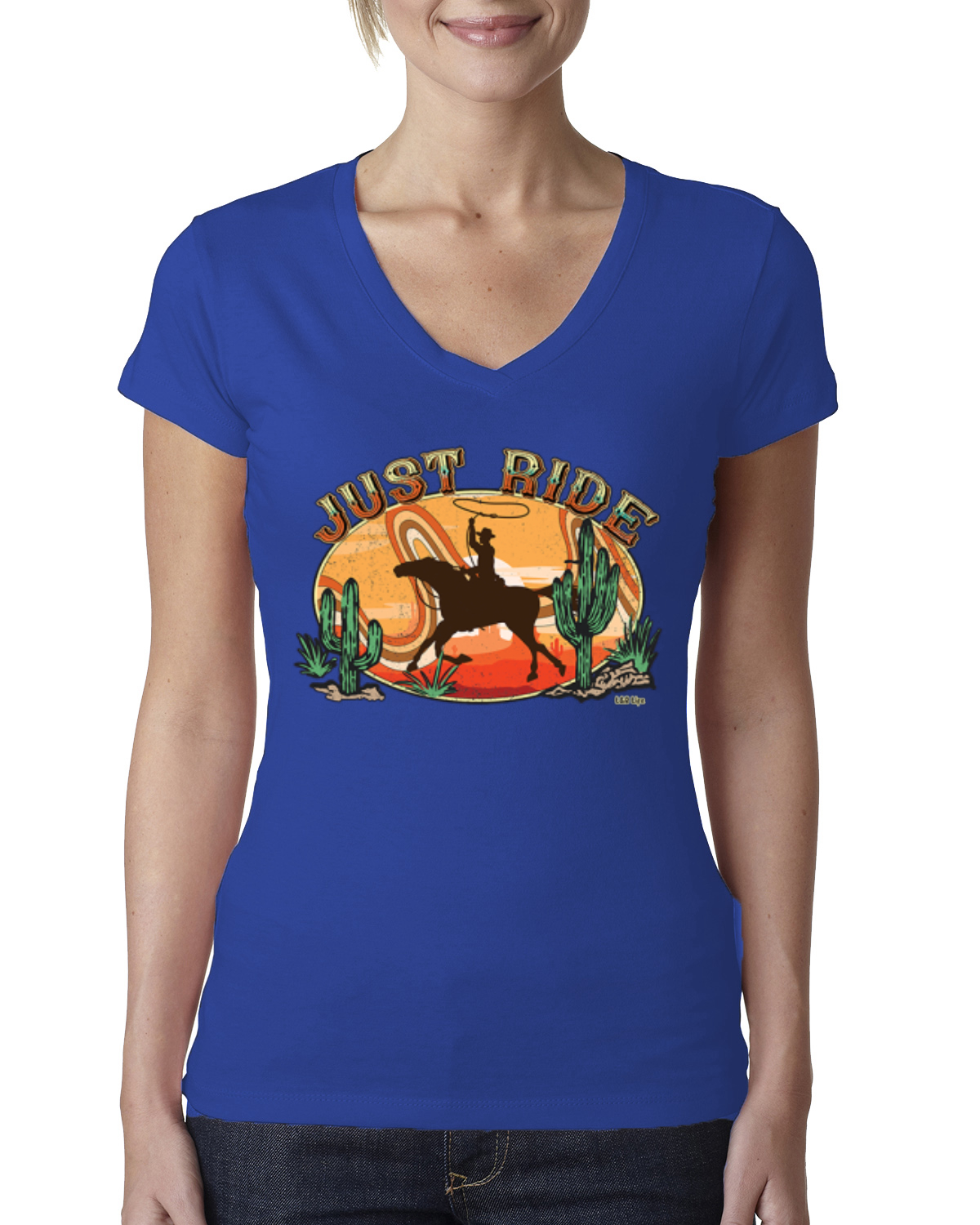 Retro Cowboy Just Ride Cacti Sunset Lasso Women Junior Fit VNeck Tee - Picture 7 of 10