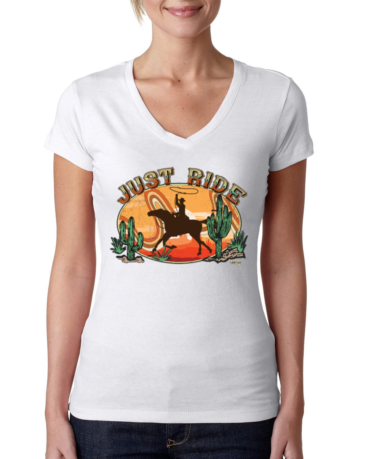 Retro Cowboy Just Ride Cacti Sunset Lasso Women Junior Fit VNeck Tee - Picture 8 of 10