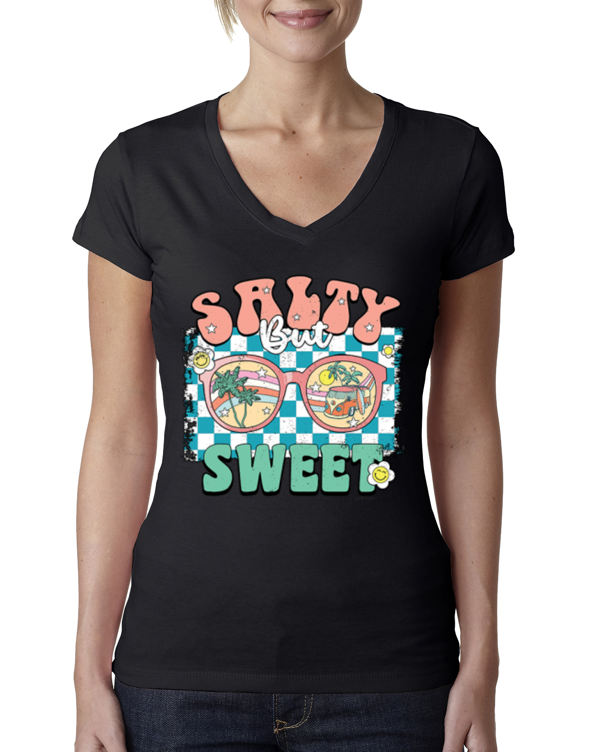 Retro Salty But Sweet Sunglasses Van Checkered Women Junior Fit VNeck Tee - Picture 3 of 10
