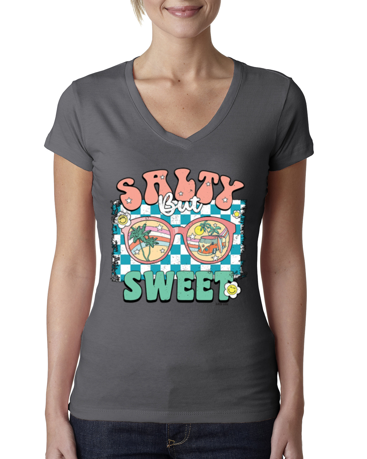 Retro Salty But Sweet Sunglasses Van Checkered Women Junior Fit VNeck Tee - Picture 9 of 10