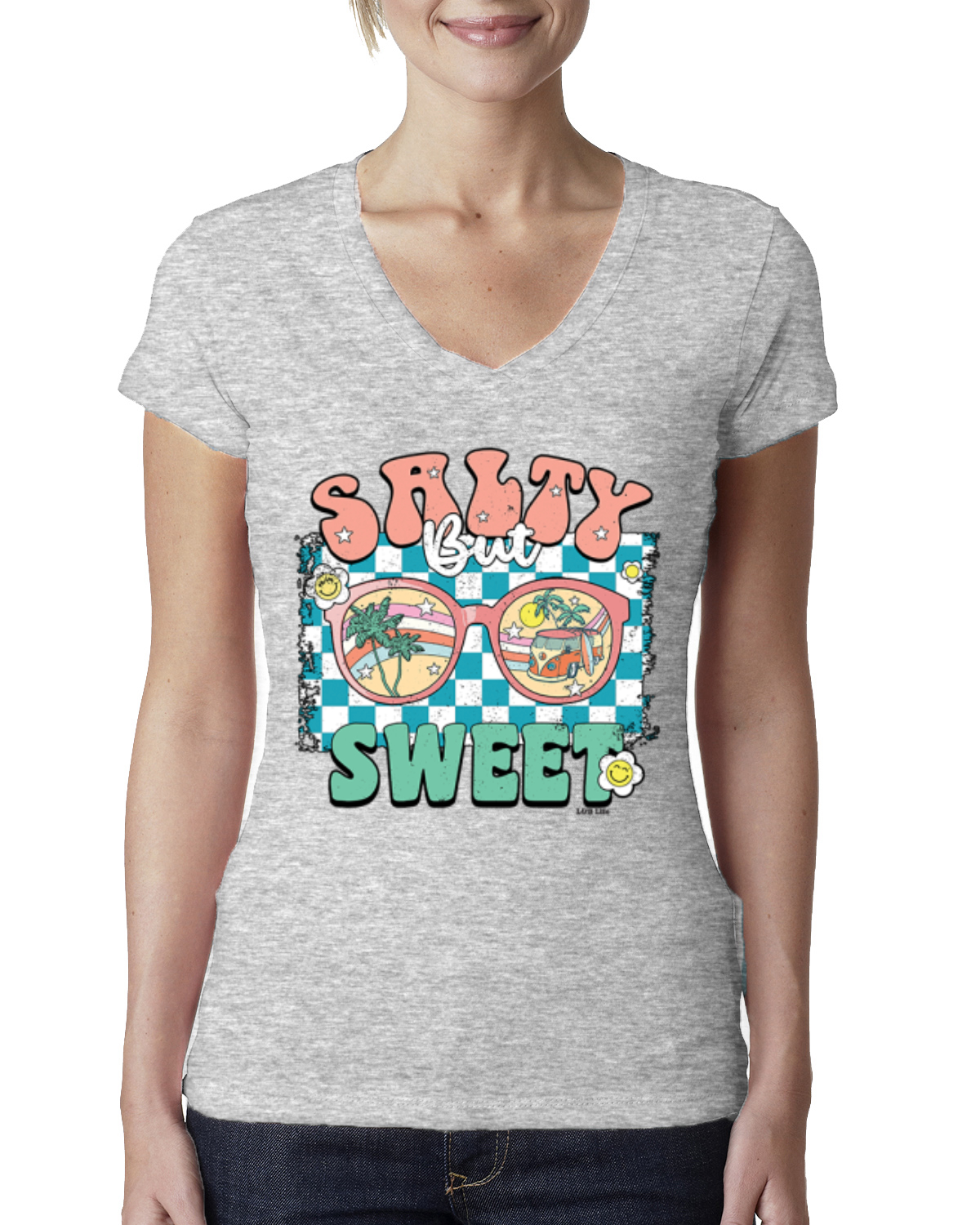 Retro Salty But Sweet Sunglasses Van Checkered Women Junior Fit VNeck Tee - Picture 4 of 10
