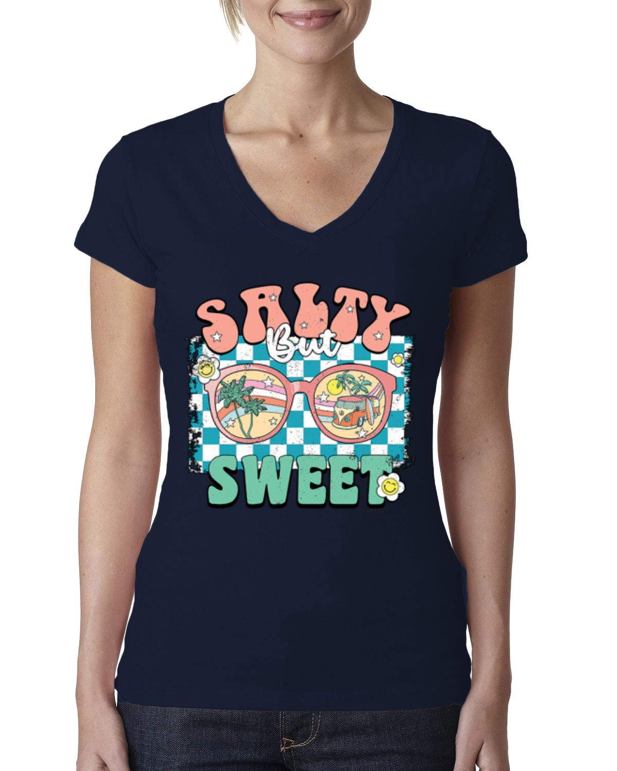 Retro Salty But Sweet Sunglasses Van Checkered Women Junior Fit VNeck Tee - Picture 5 of 10